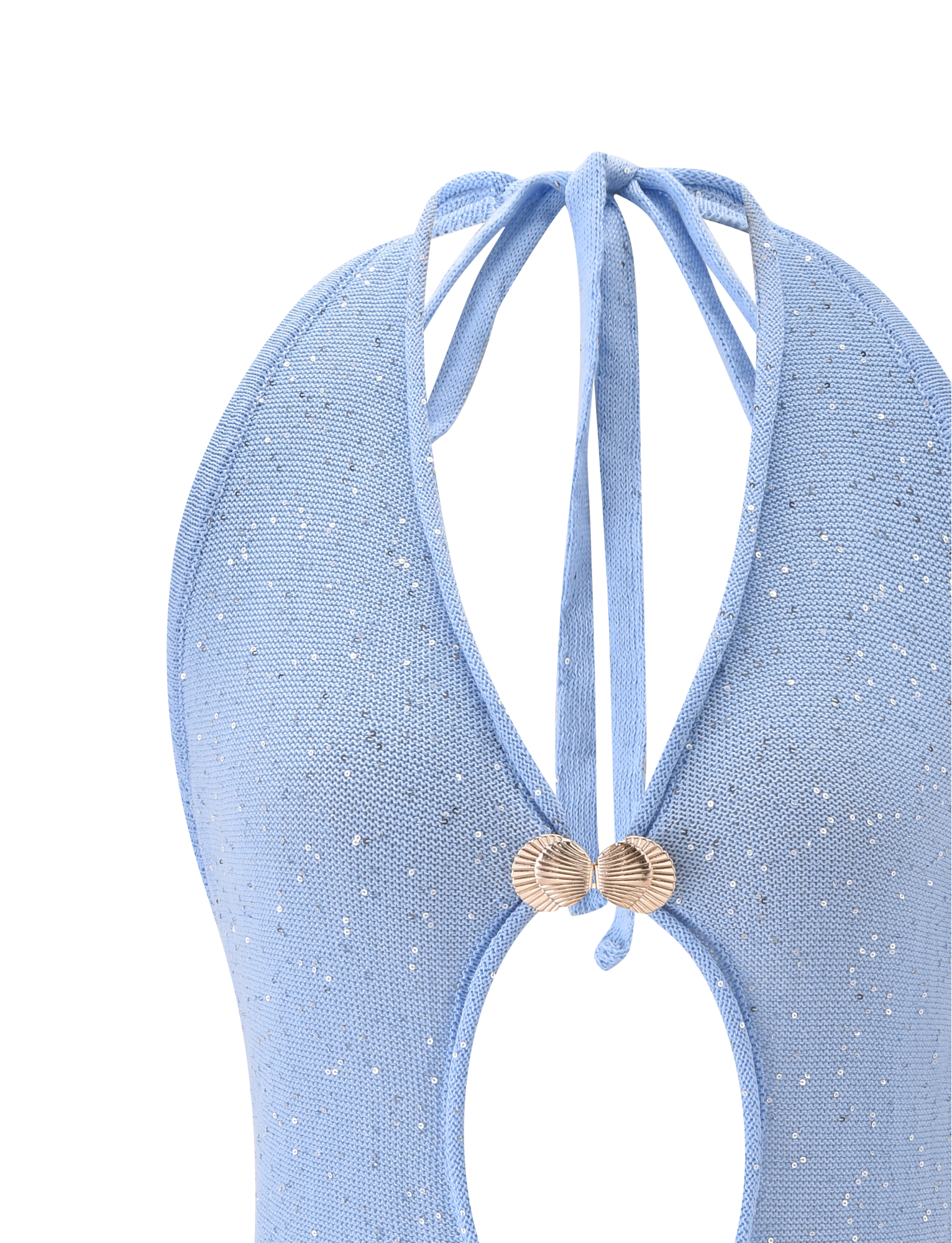 Close-up of the back of the AZURA TOP - BLUE by TIGERMIST, featuring a light blue glitter finish, keyhole cutout, gold shell hardware clasps, and neck tie straps.