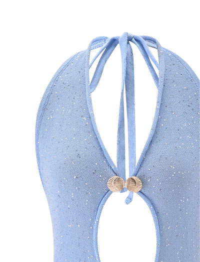 Close-up of the back of the AZURA TOP - BLUE by TIGERMIST, featuring a light blue glitter finish, keyhole cutout, gold shell hardware clasps, and neck tie straps.