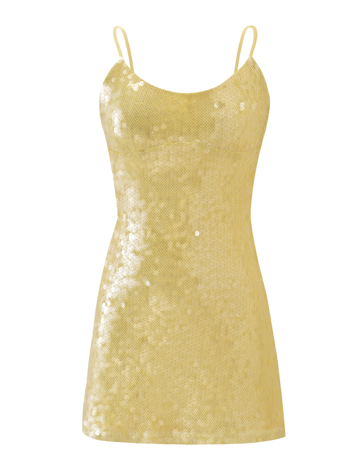 The TIGERMIST KIANNA MINI DRESS - YELLOW is a sleeveless, fitted sequin mini dress with a scoop neckline, thin spaghetti straps, and an adjustable back strap, adorned with shiny yellow sequins and shown on a plain white background.