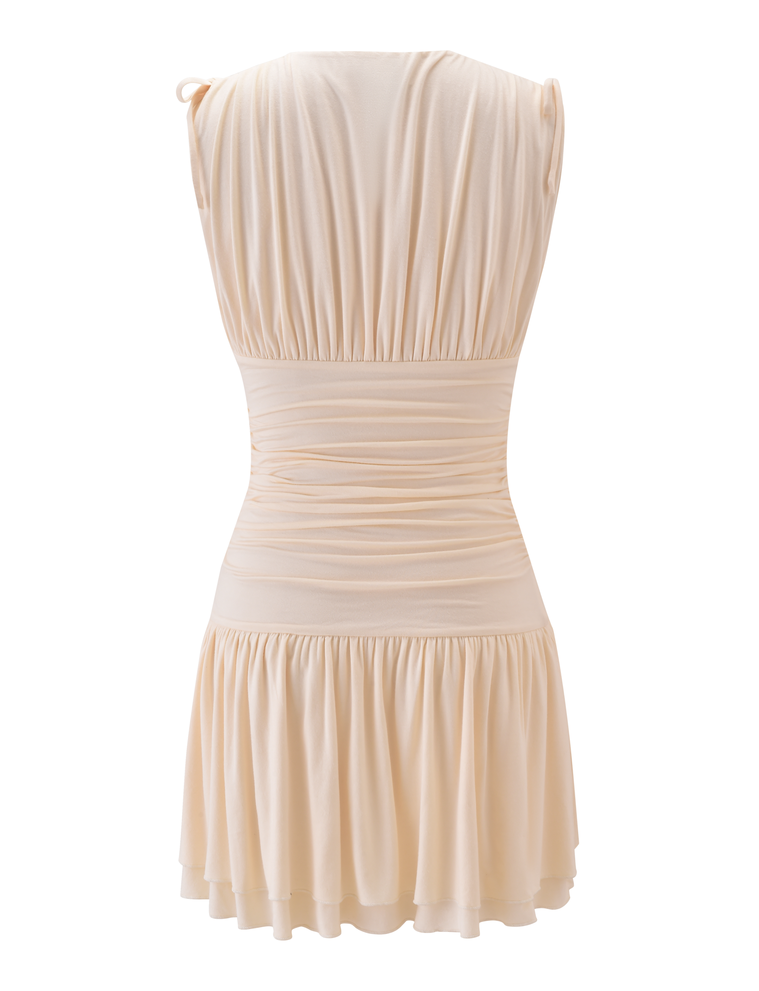 Back view of the TIGERMIST HALONA MINI DRESS in cream, featuring a sleeveless design, adjustable drawstring waist, and flared pleated skirt. Soft, slightly stretchy fabric gives it a flowing, elegant look.