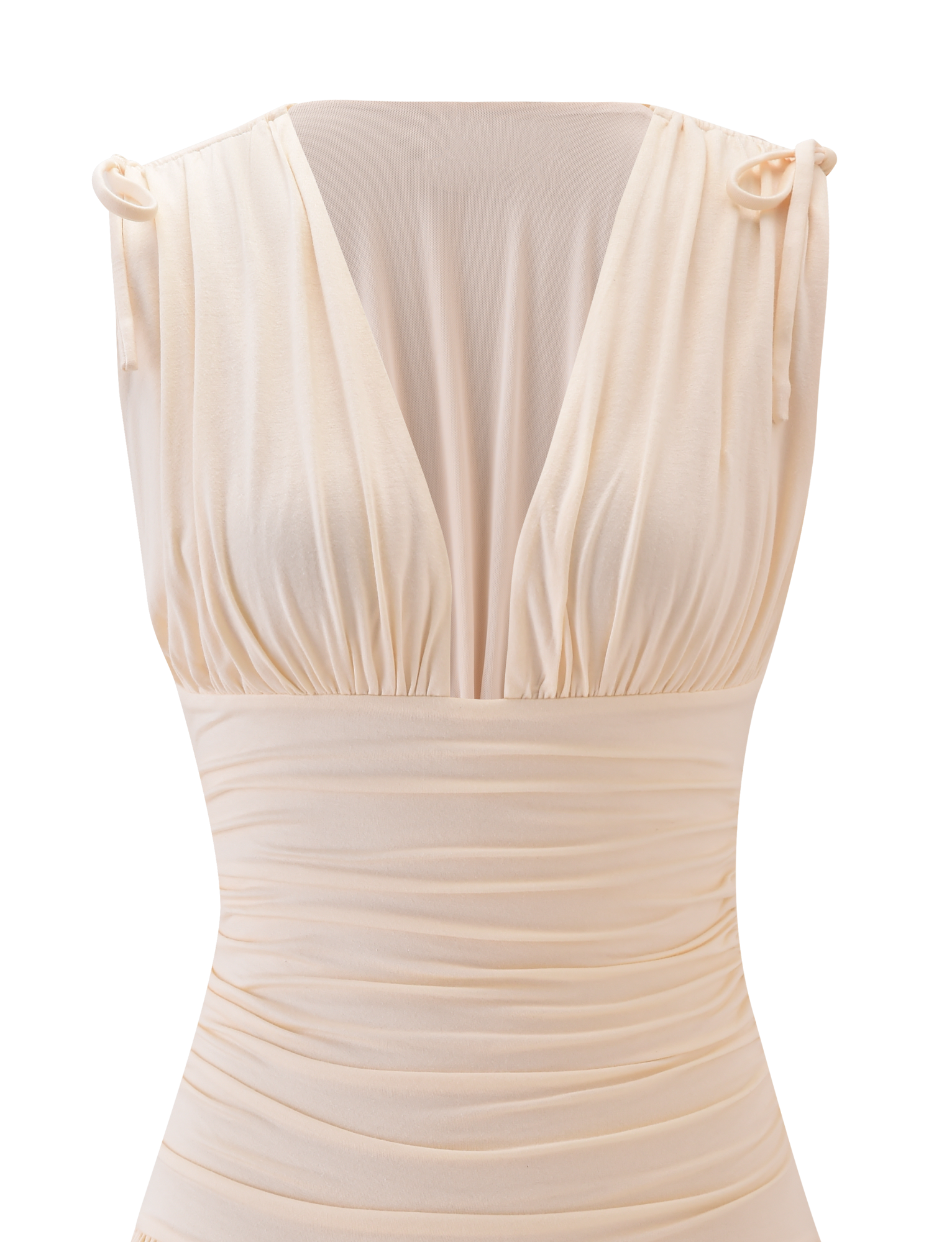 The TIGERMIST HALONA MINI DRESS in cream is a sleeveless, ruched mini dress with a deep V-neckline and tied shoulder straps, shown against a plain white background.