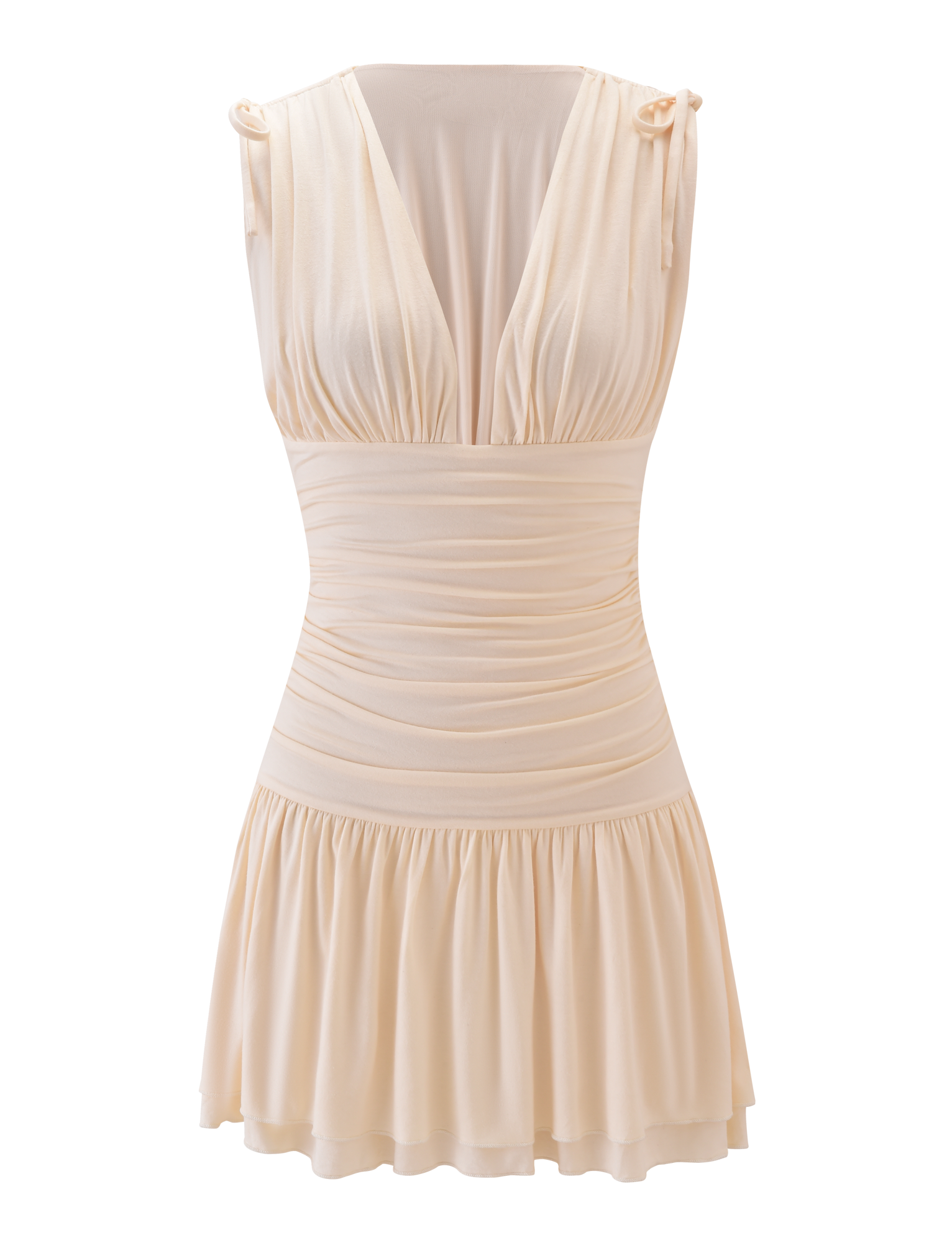 The HALONA MINI DRESS by TIGERMIST is a cream sleeveless mini with a deep V-neckline, gathered shoulders with tie details, an adjustable drawstring waist, and a flared ruffled skirt, shown on a plain white background.