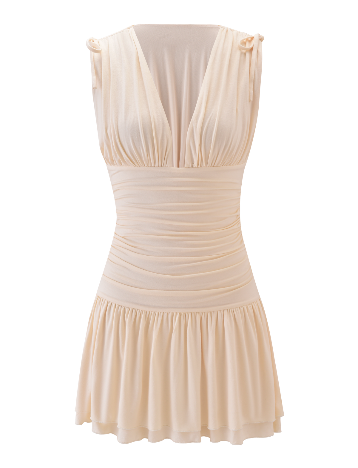 The HALONA MINI DRESS by TIGERMIST is a cream sleeveless mini with a deep V-neckline, gathered shoulders with tie details, an adjustable drawstring waist, and a flared ruffled skirt, shown on a plain white background.