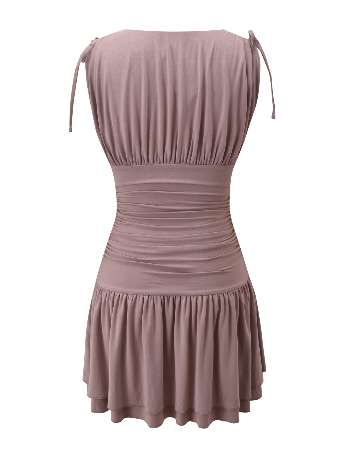 The HALONA MINI DRESS in mocha by TIGERMIST features a ruched design, gathered waist, plunging neckline, flared layered skirt, and shoulder ties. Shown from the back on a white background, this chic mini dress highlights its elegant silhouette.
