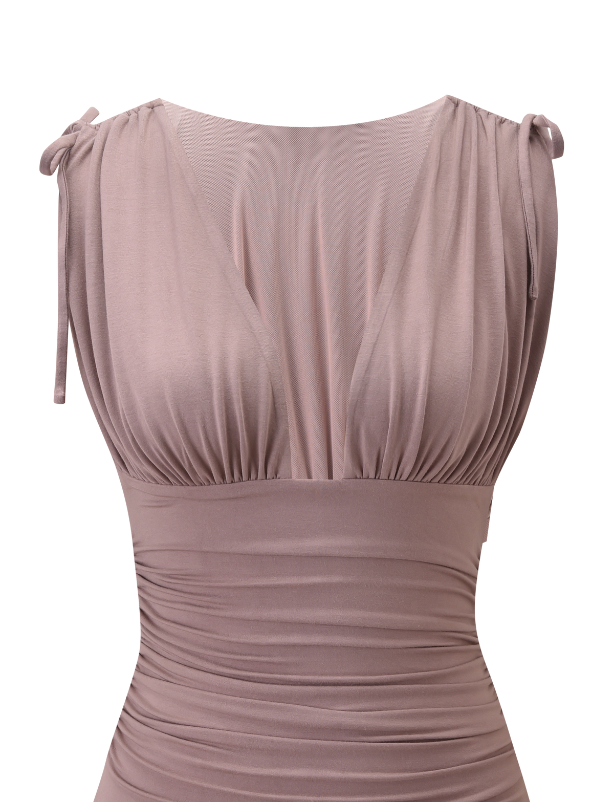 The HALONA MINI DRESS by TIGERMIST in mocha features a sleeveless design, plunging neckline, gathered shoulder ties, and a ruched bodice, shown against a plain white background.
