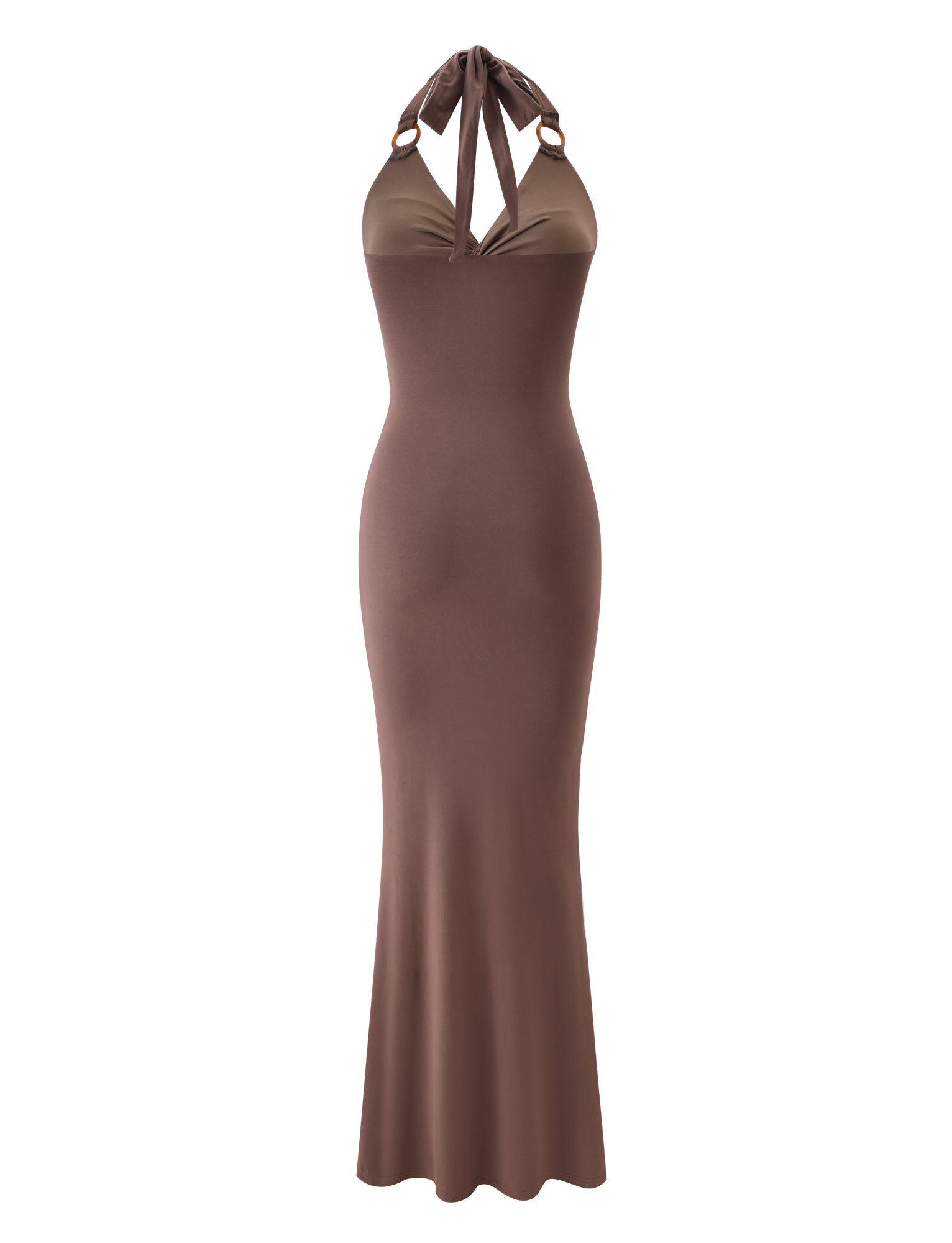 The ZENEVA MAXI DRESS - MOCHA by TIGERMIST is a sleeveless, mocha brown maxi dress with a fitted silhouette and halter neck ties. The upper bodice has a subtle sheen and appears slightly darker than the skirt for added depth.