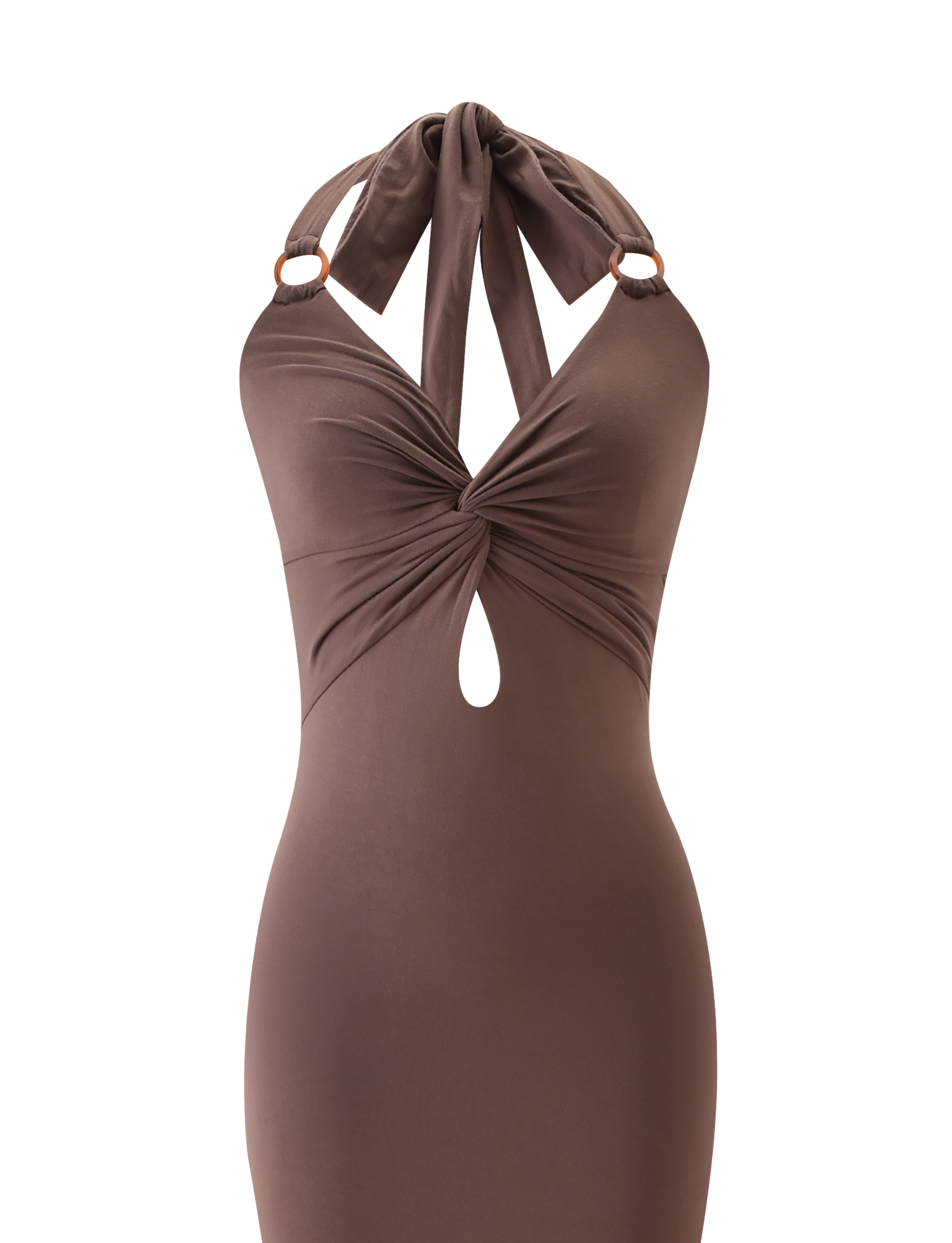 The TIGERMIST ZENEVA MAXI DRESS in mocha features a twist detail, halter ties, keyhole bust cutout, and ring accents at the straps, shown against a plain white background.