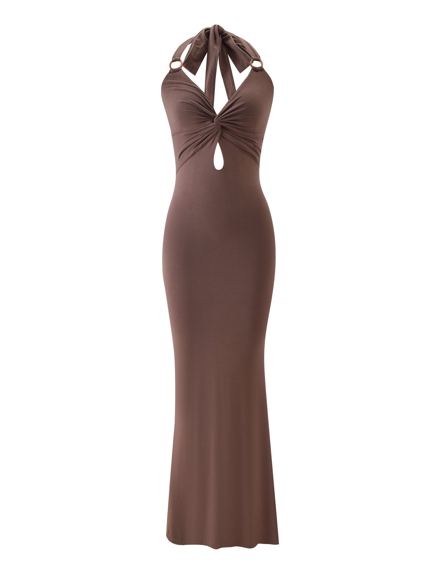 The ZENEVA MAXI DRESS - MOCHA by TIGERMIST is a mocha brown, sleeveless, floor-length dress with a keyhole cutout, gathered chest, neck halter ties, and a fitted silhouette for an effortlessly chic look.