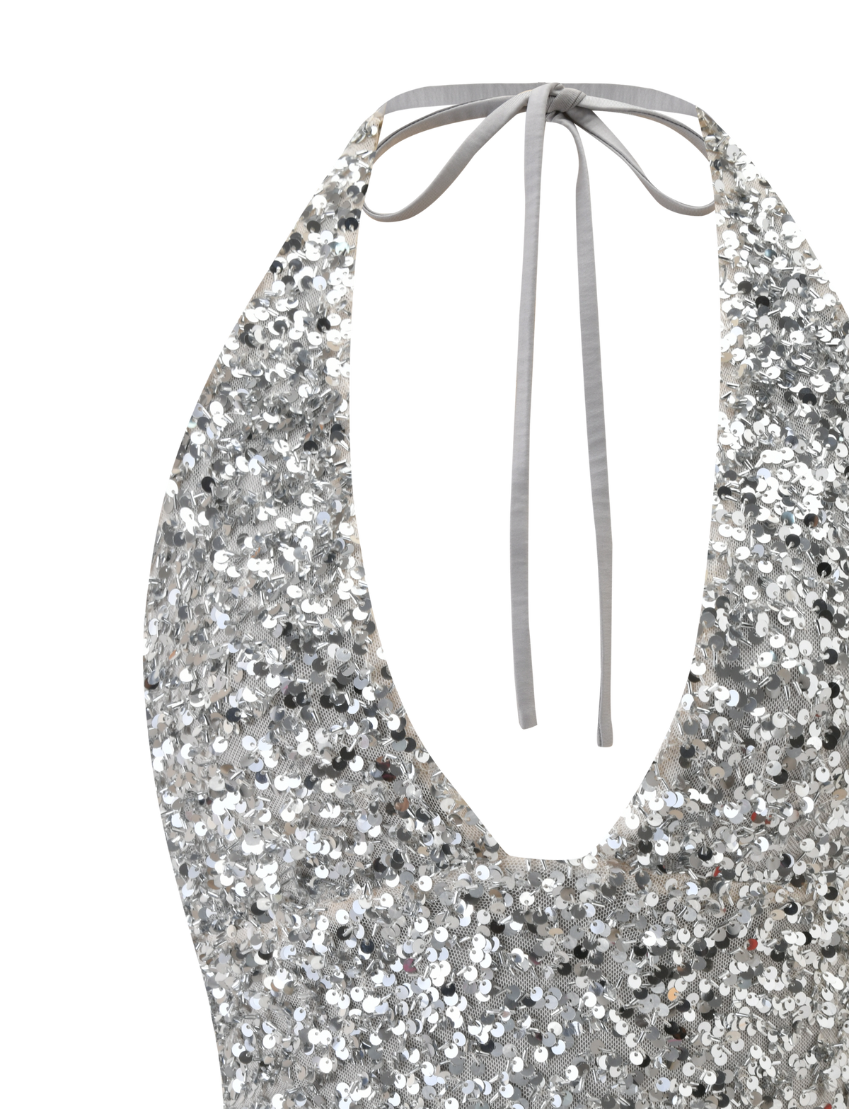 Close-up of the TIGERMIST REILYNN TOP - SILVER, a sparkly halter with silver sequins, deep neckline, and slim gray neck tie straps, shown against a plain white background.