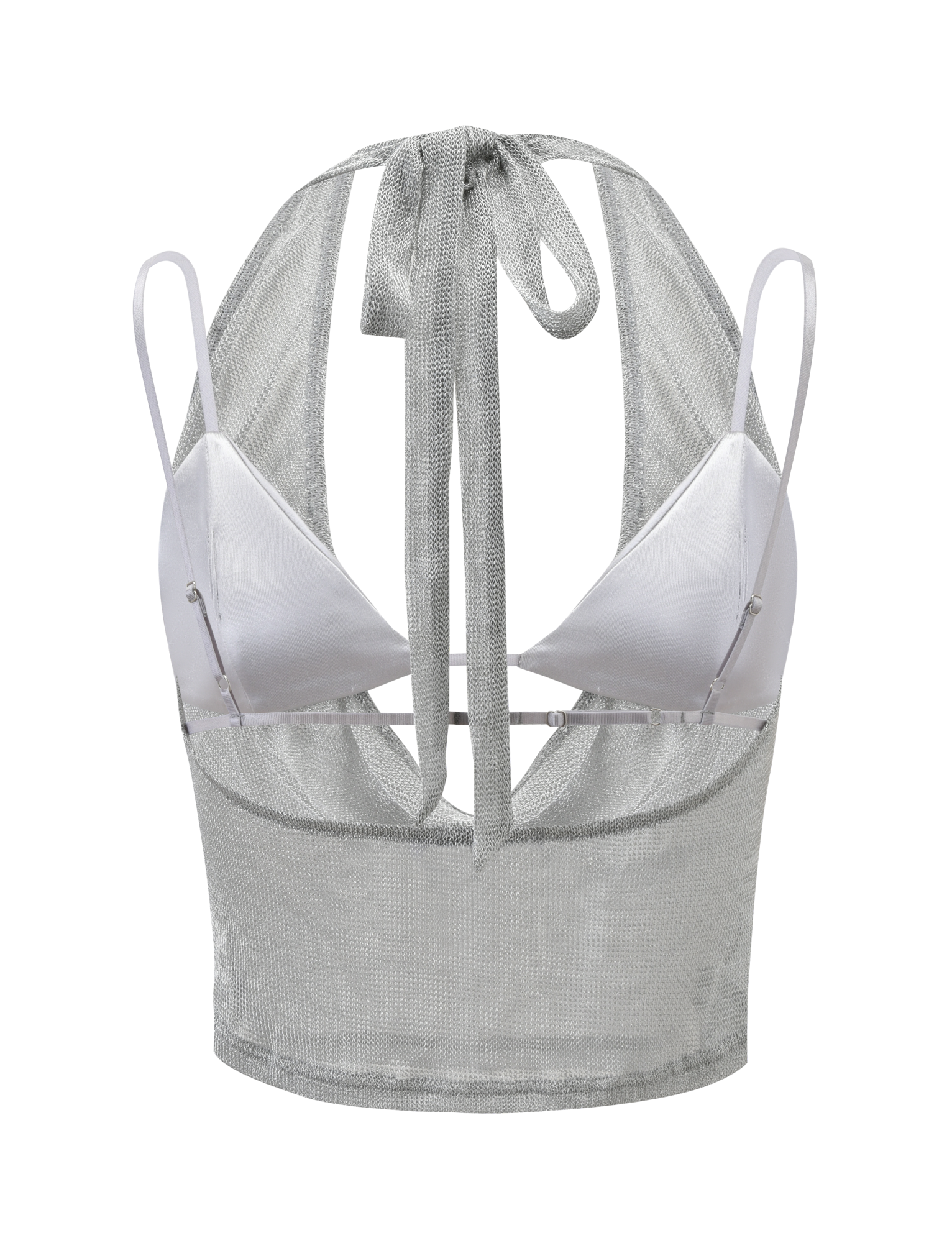 The MAKENA TWO-PIECE TOP 2.0 - SILVER by TIGERMIST features a silver halter crop design with satin triangle cups, thin straps, sheer mesh open back, and a large neck bow for a modern, stylish look inspired by the original Makena top.