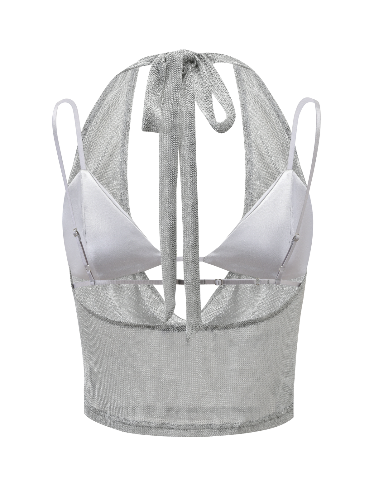 The MAKENA TWO-PIECE TOP 2.0 - SILVER by TIGERMIST features a silver halter crop design with satin triangle cups, thin straps, sheer mesh open back, and a large neck bow for a modern, stylish look inspired by the original Makena top.