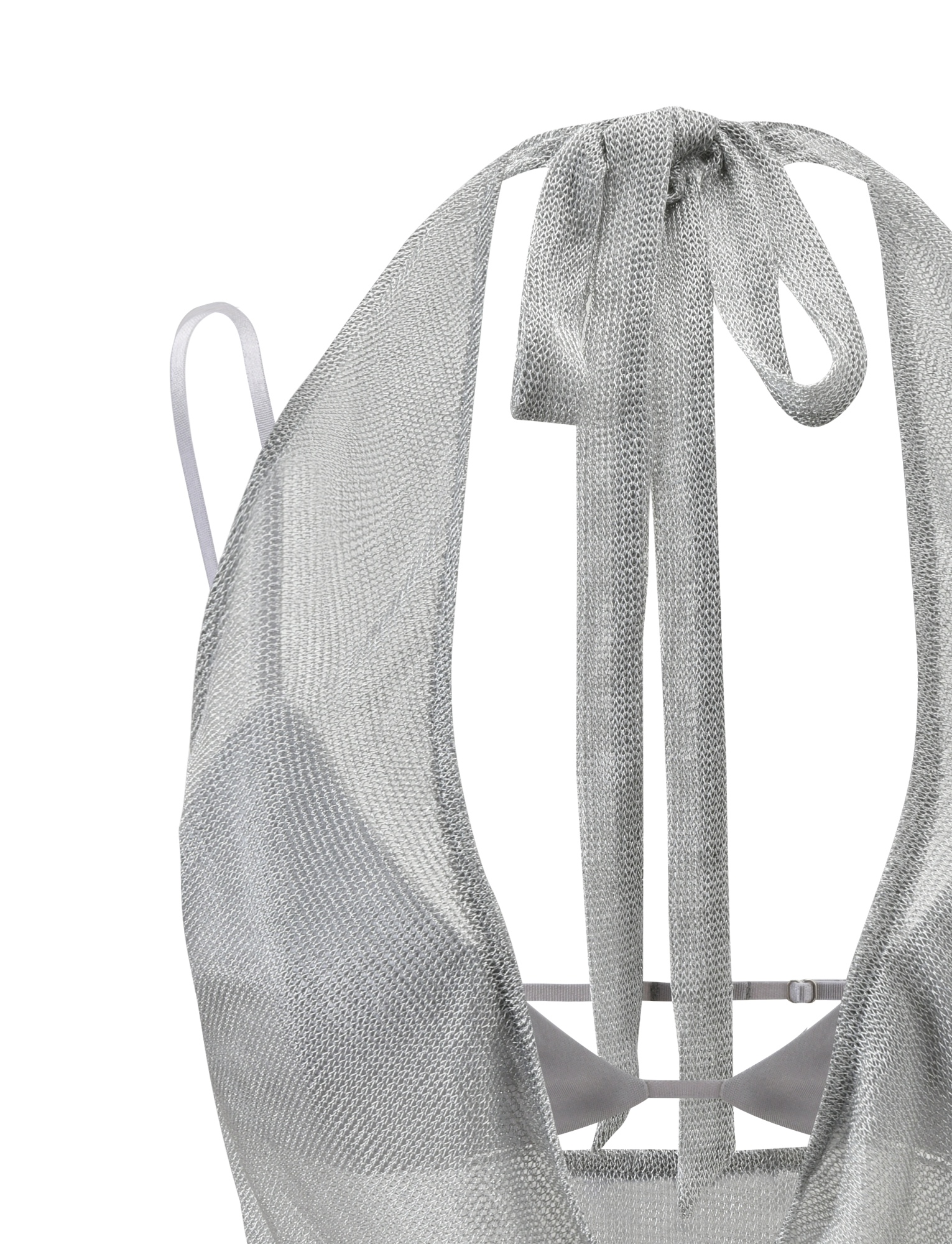Close-up of the TIGERMIST MAKENA TWO-PIECE TOP 2.0 in silver, featuring a metallic halter style with a low back, shiny textured fabric, neck tie, and thin adjustable back straps. Inspired by the original Makena top. Shown against a plain white background.