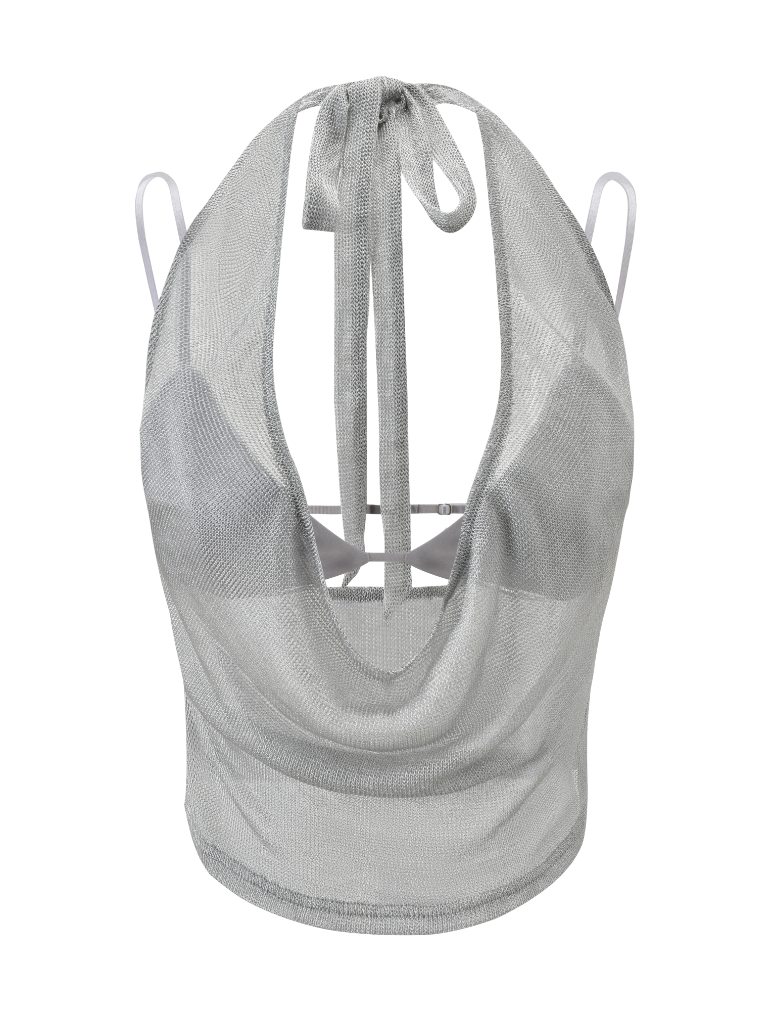 The TIGERMIST MAKENA TWO-PIECE TOP 2.0 - SILVER is a metallic halter style with mesh cowl neck, tie-back, thin straps, and semi-sheer shimmering fabric.