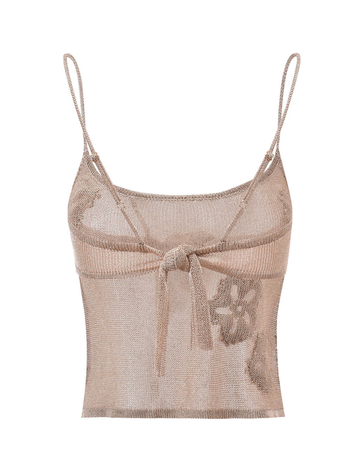 The ISATANA TOP - GOLD by TIGERMIST is a sheer metallic beige knit crop top featuring adjustable shoulder straps and a front tie detail, shown on a plain white background.
