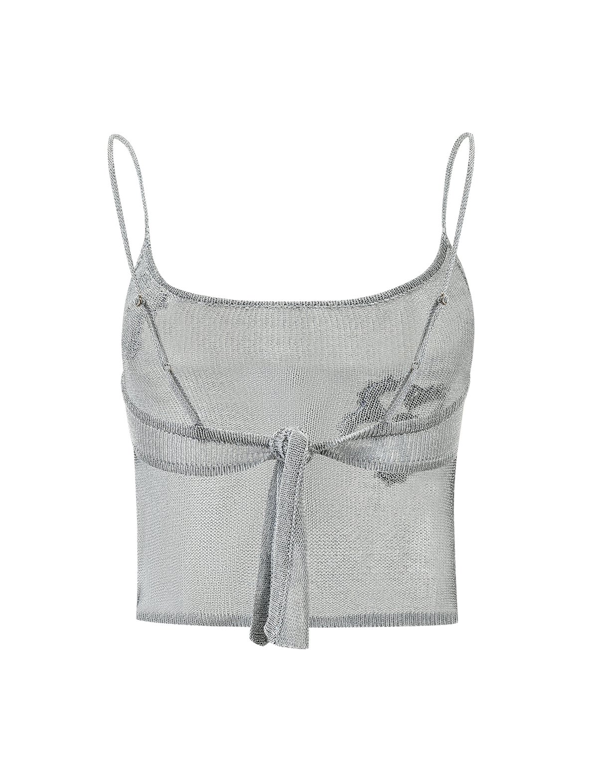 The TIGERMIST ISATANA TOP - SILVER is a metallic knit mesh crop top featuring thin spaghetti straps, a low scoop neckline, and a front tie detail.