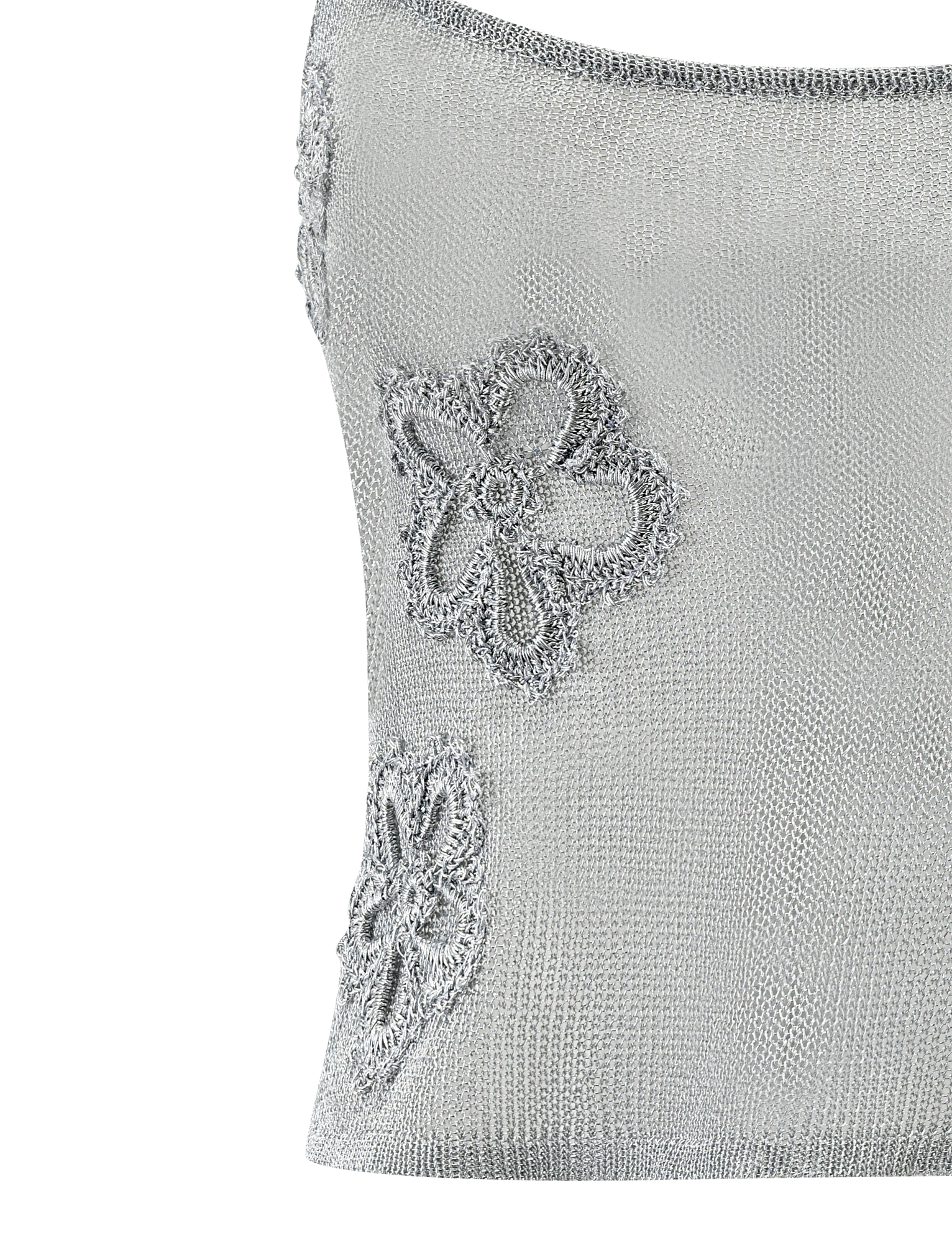 The ISATANA TOP - SILVER by TIGERMIST is a silver metallic knit tube top with two raised, textured floral appliqué designs on the front.