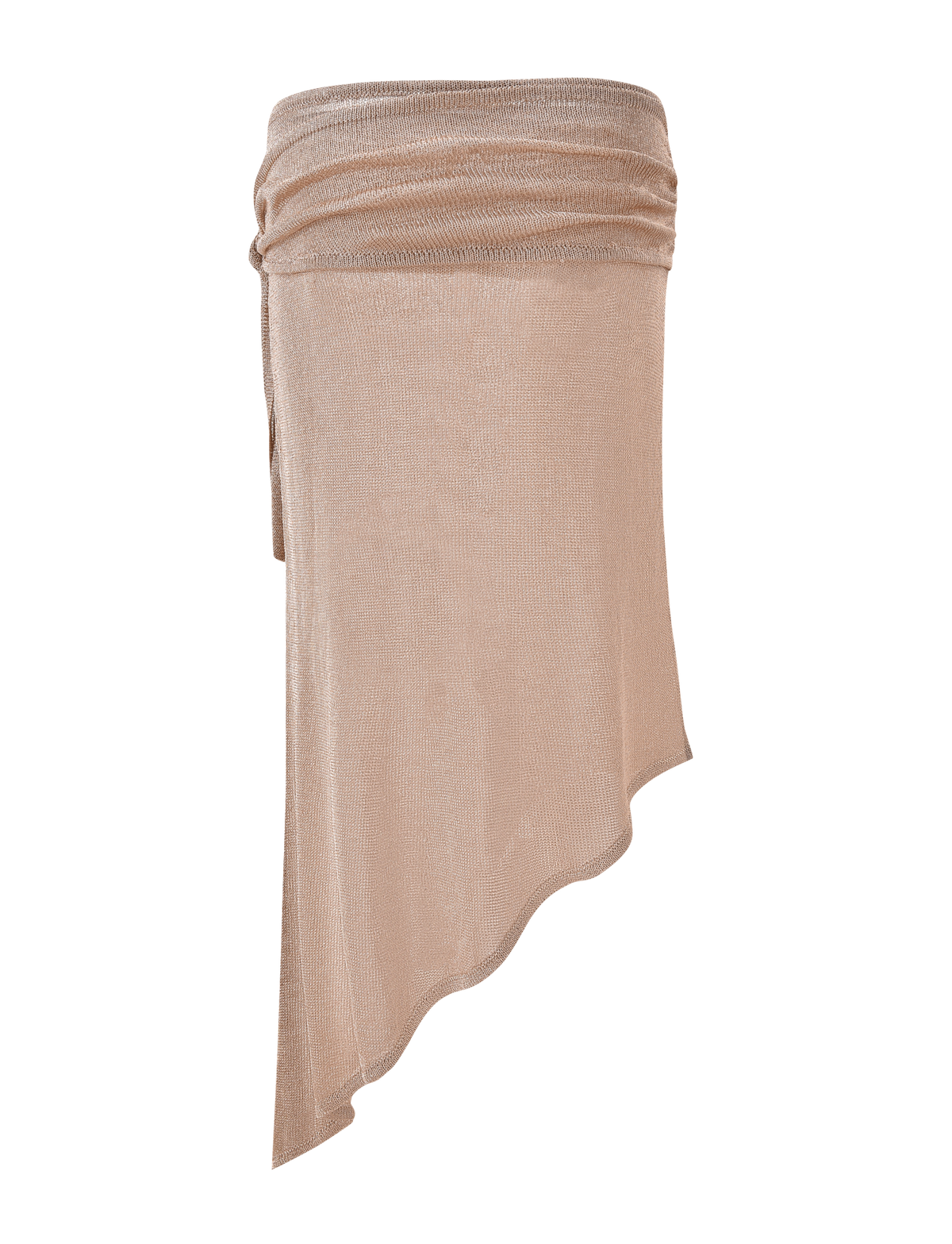 The ISATANA SKIRT - GOLD by TIGERMIST features a beige, semi-sheer design with a high-waisted ruched waistband and an asymmetric hemline draping longer on one side.