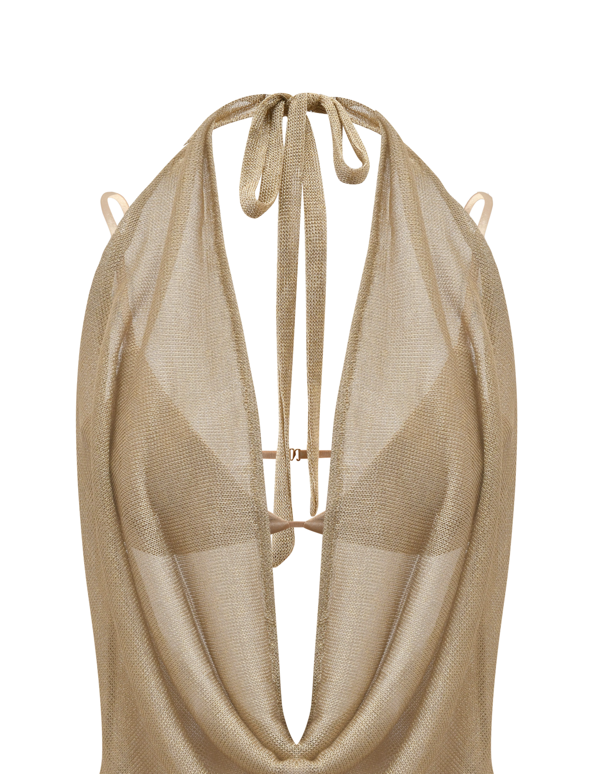 The MAKENA TWO-PIECE DRESS 2.0 in gold by TIGERMIST features a metallic sheen, cowl neck halter top with thin back straps, tie neck closure, and loosely draped sheer fabric for a shimmering look.