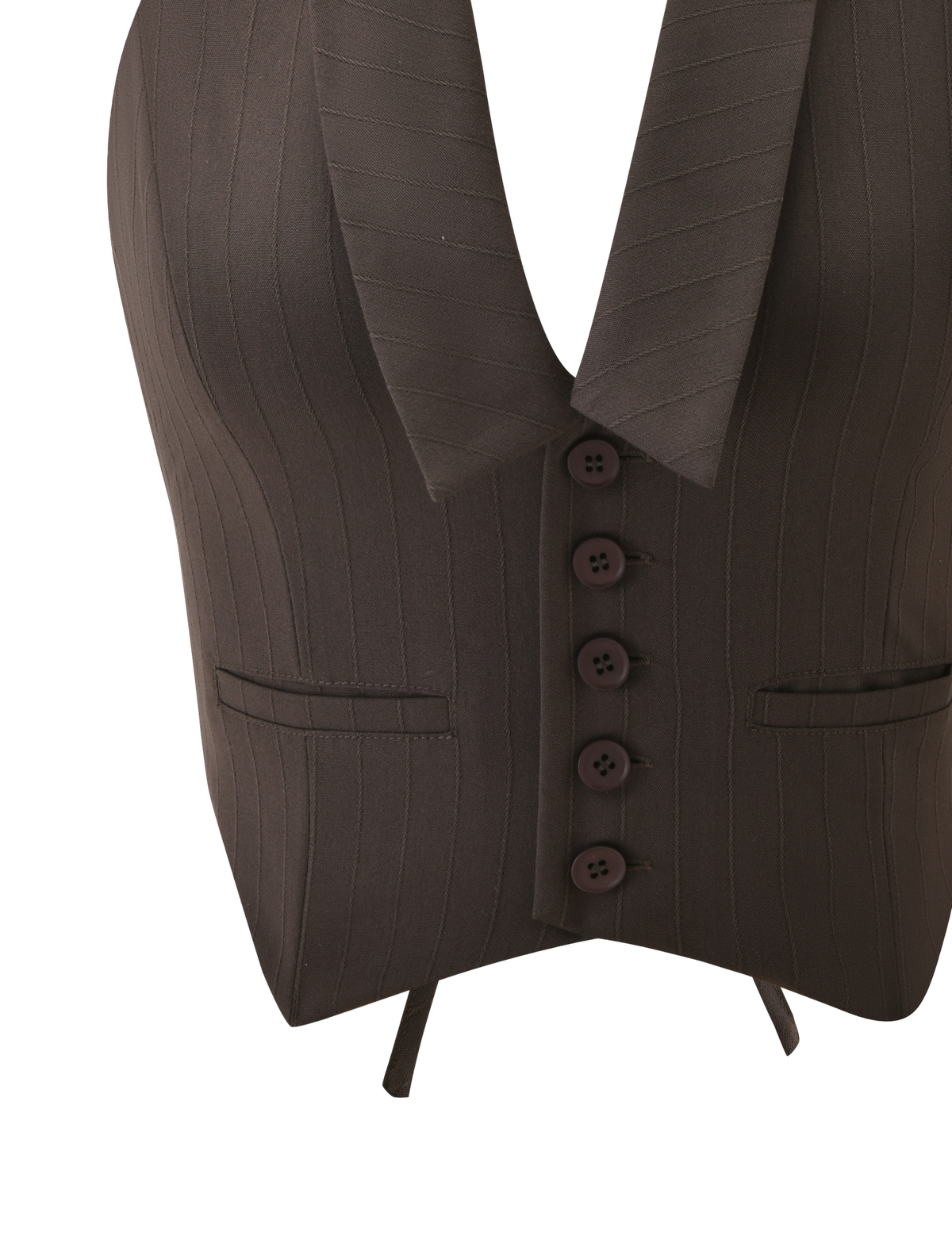 The FEDRA VEST - CHOCOLATE by TIGERMIST features a chocolate hue with dark brown pinstripes, a deep V-neck, five front buttons, two welt pockets, and a pointed hem.