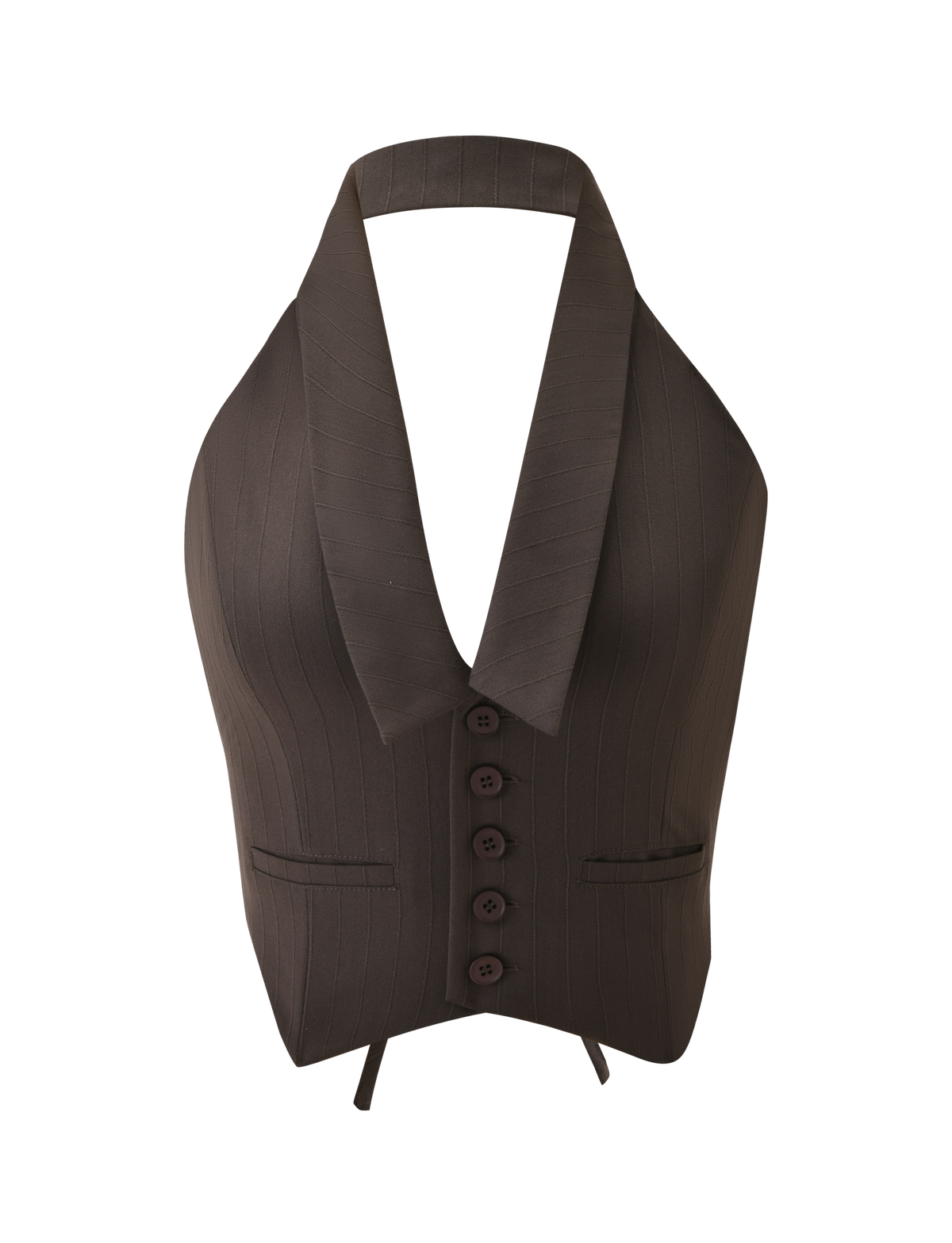 The TIGERMIST FEDRA VEST - CHOCOLATE is a brown pinstriped, backless halter vest with a deep V-neckline, four front buttons, two small pockets, and a wide collar, shown against a white background.