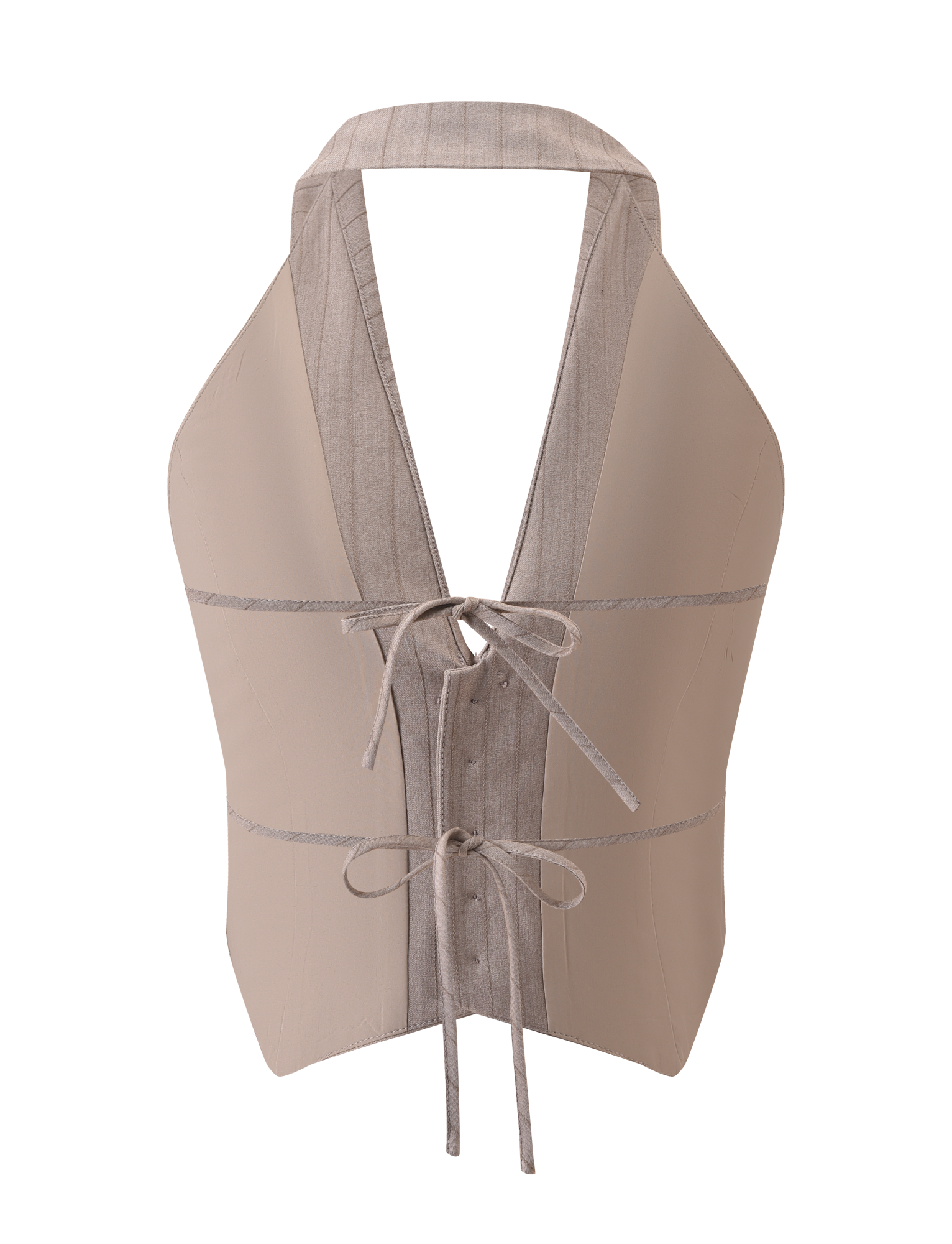The TIGERMIST FEDRA VEST in tan pinstripe features a halter design, deep V-neckline, and two thin front ties for closure, shown against a plain white background.