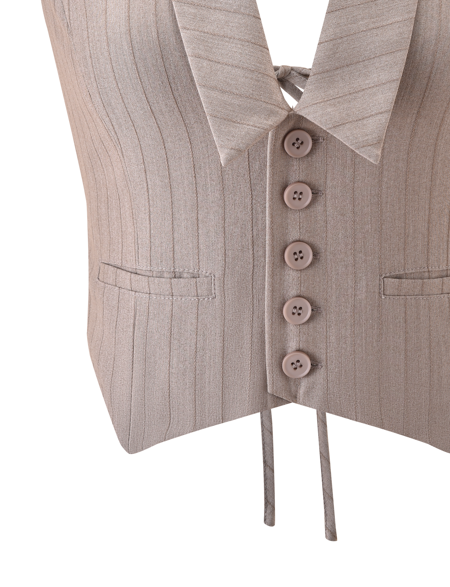 A close-up of the TIGERMIST FEDRA VEST - TAN PINSTRIPE: a light beige vest with tan pinstripes, five buttons, V-neck, two front pockets, and a tie-back detail at the hem.