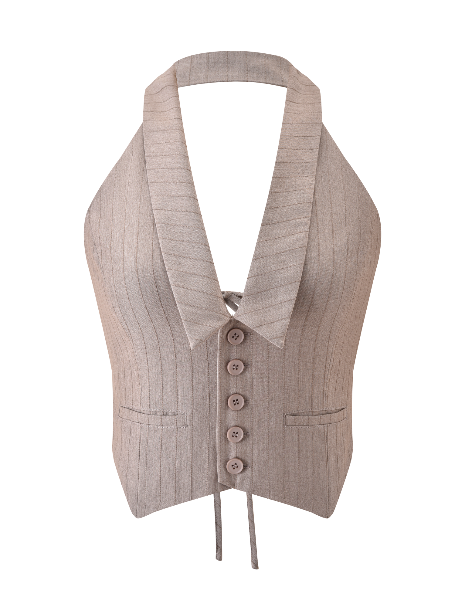 The FEDRA VEST - TAN PINSTRIPE by TIGERMIST is a chic halter suiting vest featuring wide lapels, five front buttons, two welt pockets, and an open back with waist ties for a modern take on classic tailoring.