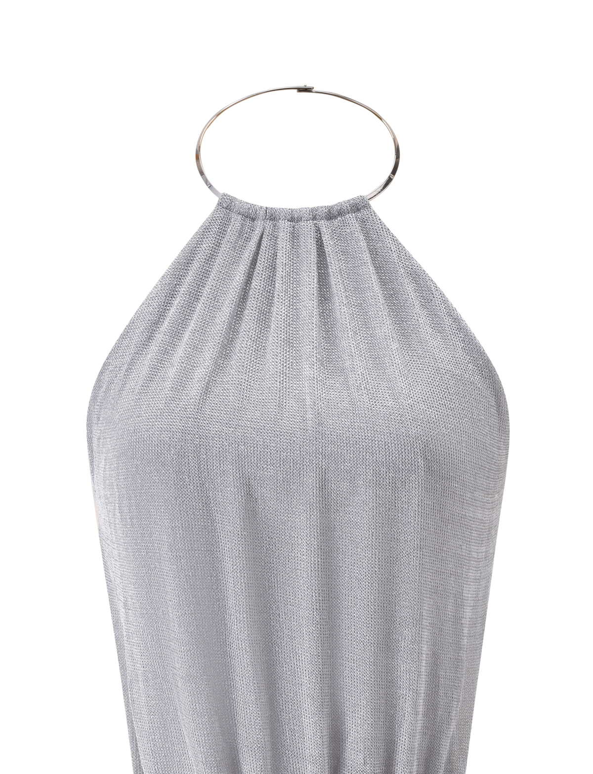 The TIGERMIST EVANNA MINI DRESS - SILVER is a sleeveless, high neck mini dress in textured metallic silver, featuring a large ring at the halter neckline and an open back, shown on a plain white background.