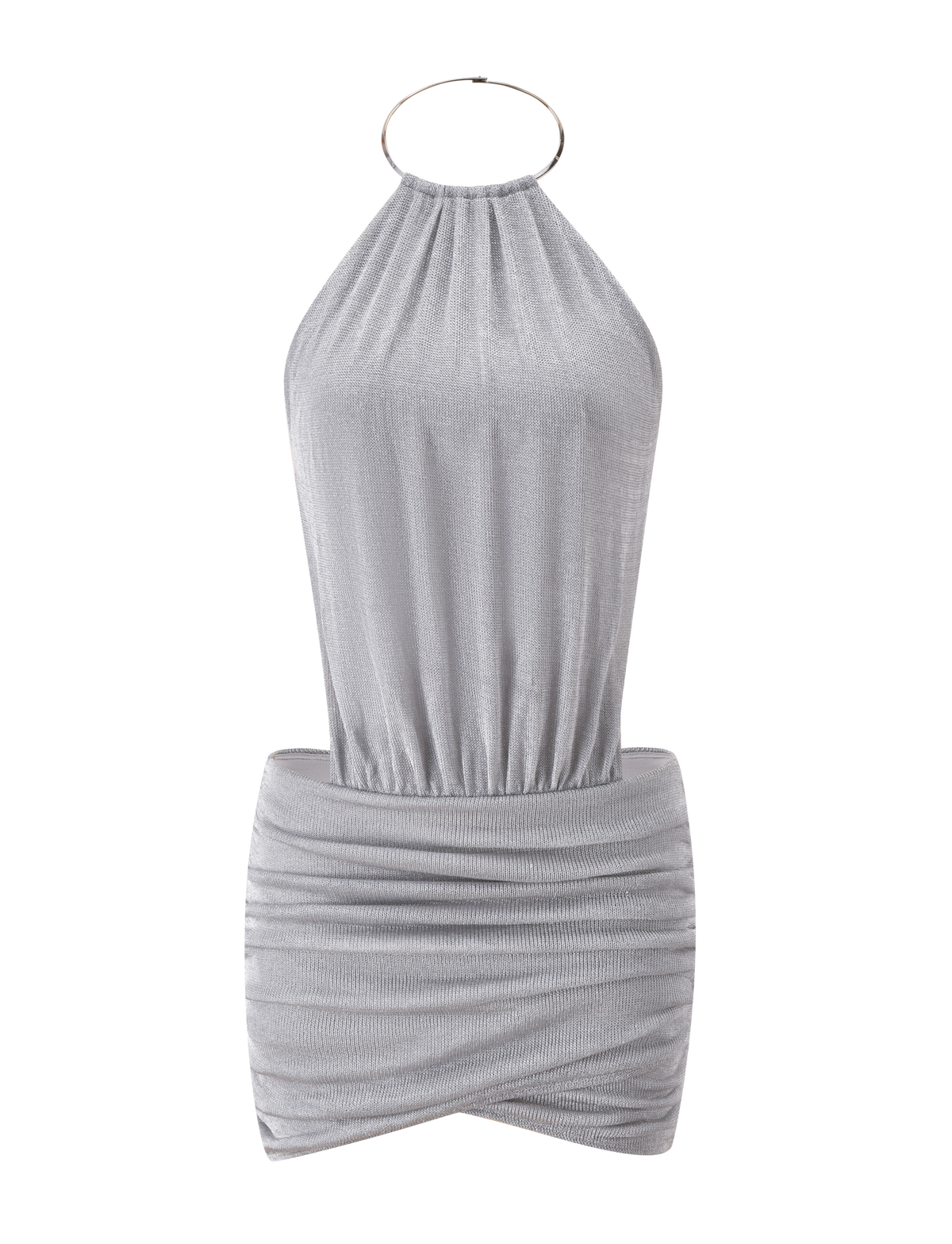 The EVANNA MINI DRESS - SILVER by TIGERMIST is a sleeveless, backless mini dress with a metallic finish, gathered neckline with circular ring detail, and a ruched fitted skirt for a modern look.