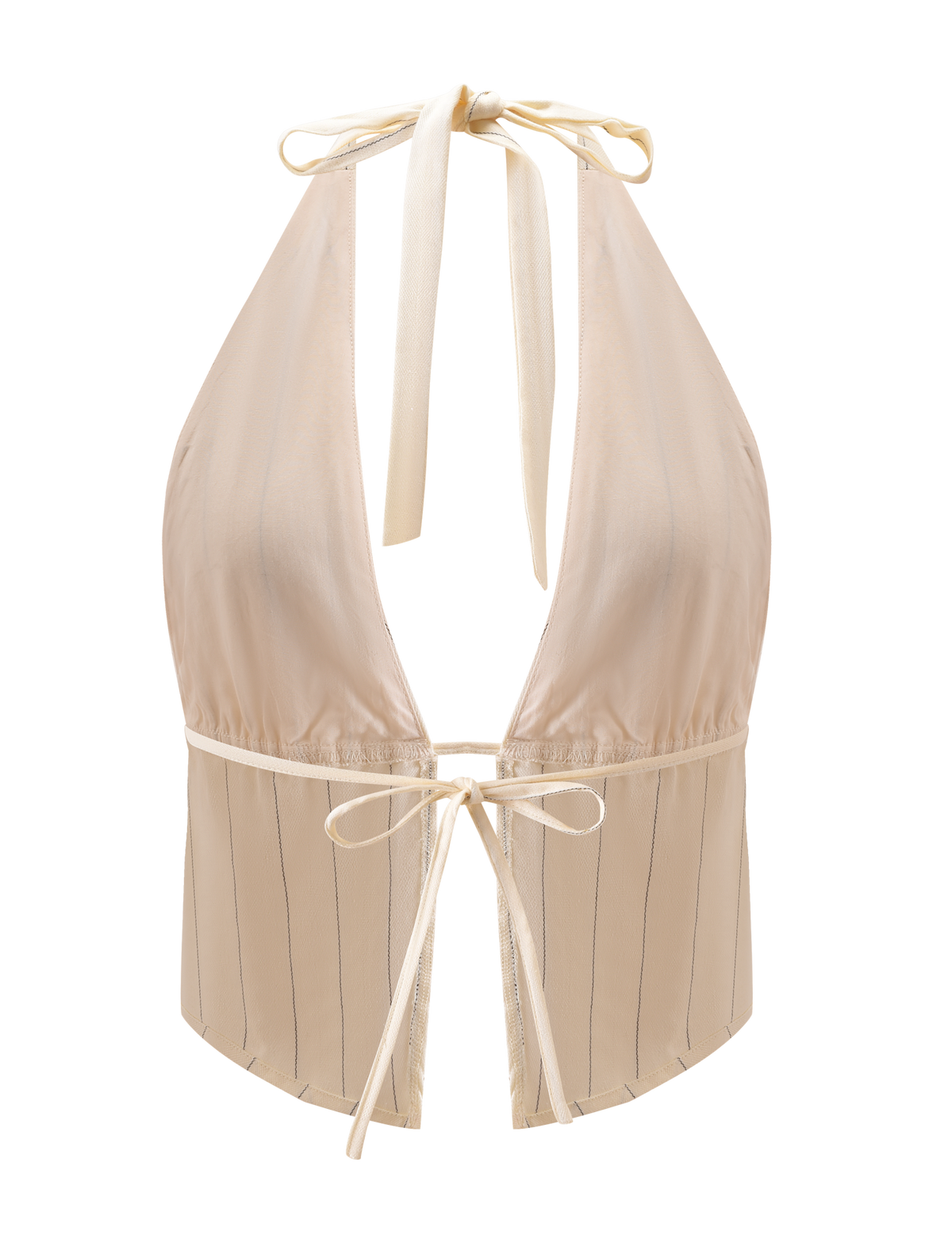 The LAINEY TOP - BEIGE STRIPE by TIGERMIST features a lightweight, satiny linen with thin beige stripes, an open back, deep V-neckline, and adjustable halter ties for a soft shine and customizable fit.