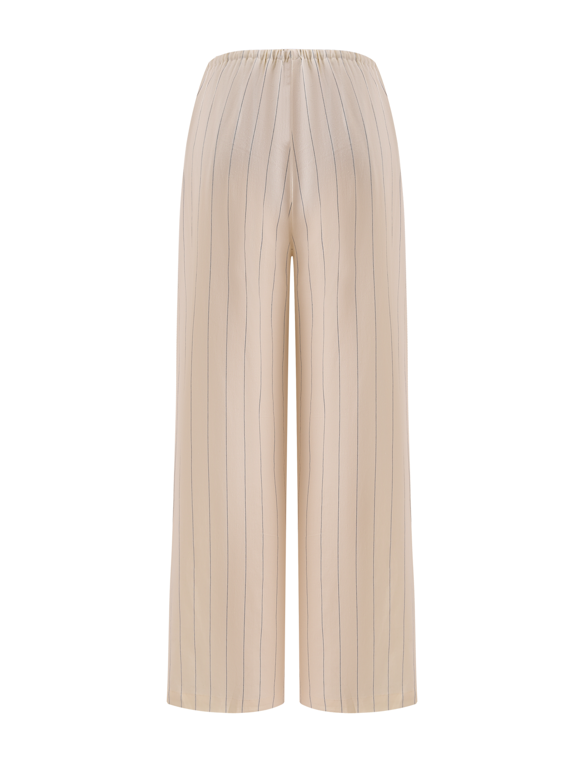 The TIGERMIST LAINEY PANT - BEIGE STRIPE showcases wide-leg linen pants with thin black pinstripes and an elastic waistband, set against a white background.
