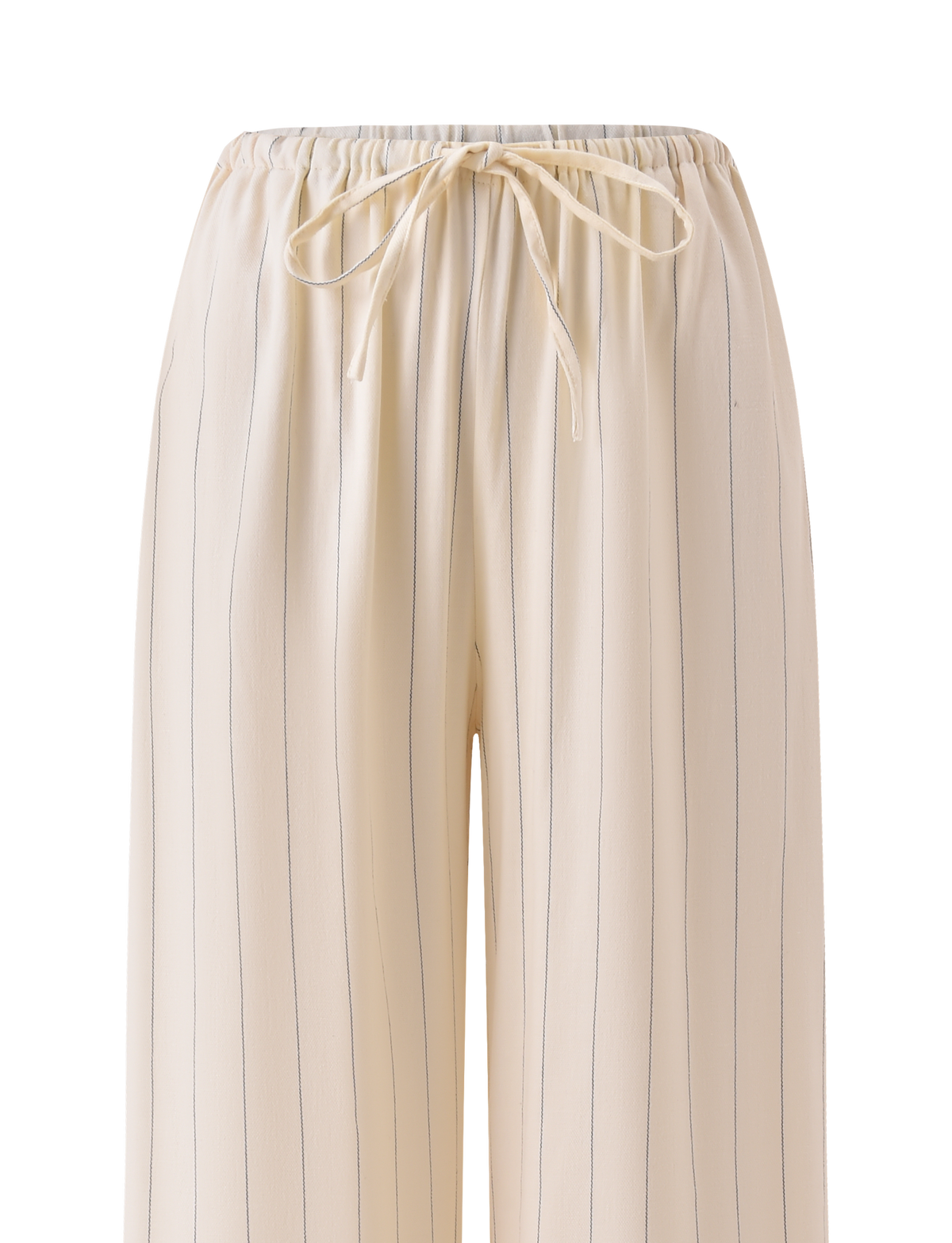 The LAINEY PANT - BEIGE STRIPE by TIGERMIST features cream linen with beige pinstripes, an elastic waistband, bow-tied drawstring, and a relaxed wide-leg silhouette for effortless comfort.