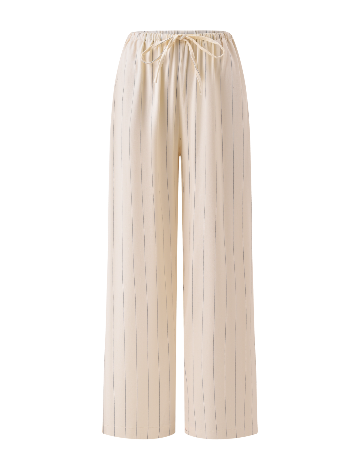 TIGERMIST LAINEY PANT - BEIGE STRIPE: Cream-colored, wide-leg linen pants with beige pinstripes and an elastic drawstring waistband, shown on a white background.
