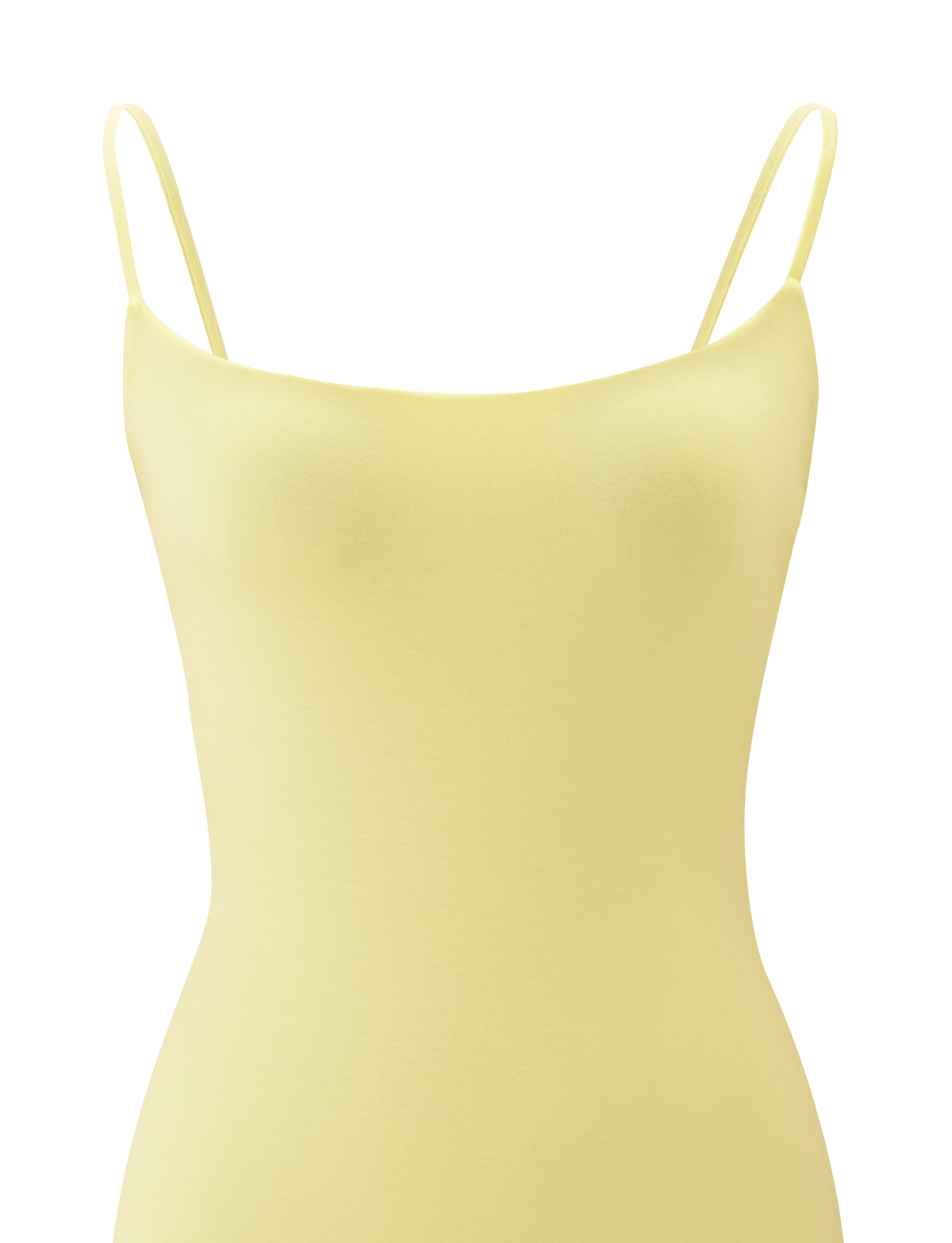 The MINERVA MINI DRESS by TIGERMIST in butter yellow is a sleeveless dress with thin spaghetti straps and a subtle cut-out back, shown against a white background.