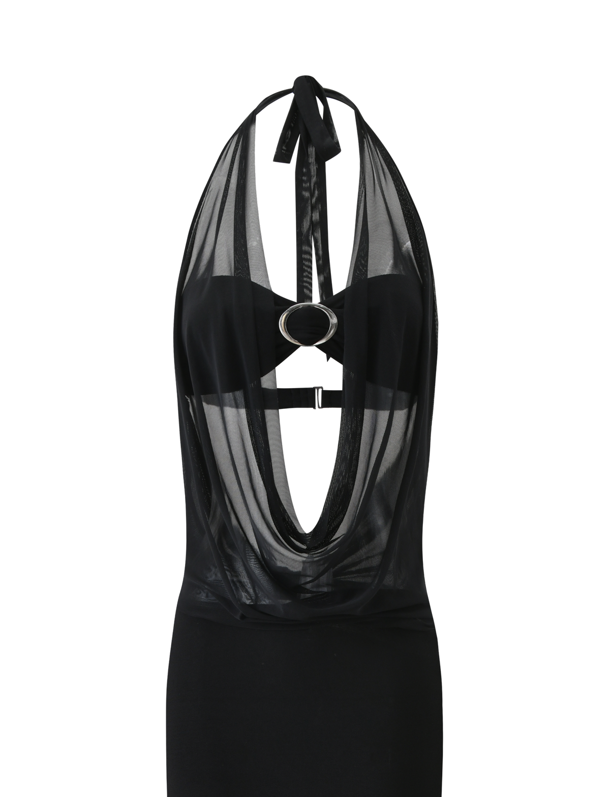 The MAKENA TWO-PIECE MAXI DRESS - BLACK by TIGERMIST features a halter neck, deep cowl neckline, central metal ring detail, and sheer mesh overlay—delivering dramatic evening style.