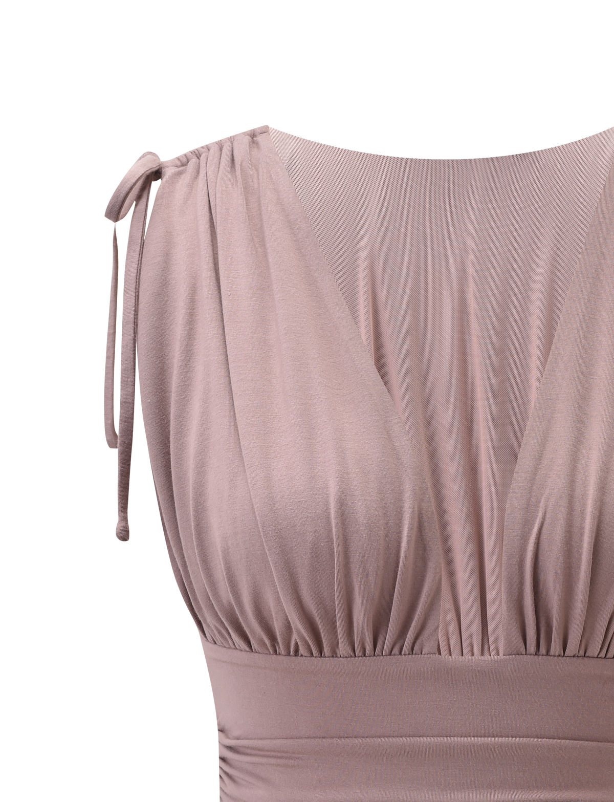 Close-up of the HALONA TOP in mocha by TIGERMIST, featuring a plunging neckline, ruched bodice, gathered shoulder fabric, and adjustable ties for a customizable fit.