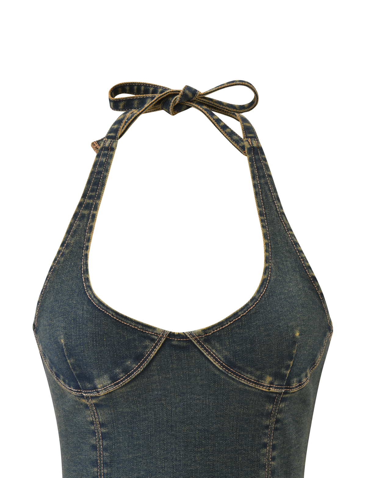 A close-up of the TIGERMIST RIONA TOP - MIDWASH, a denim halter neck top with a sweetheart neckline, exposed seam details, and halter straps tied in a bow, shown against a white background.