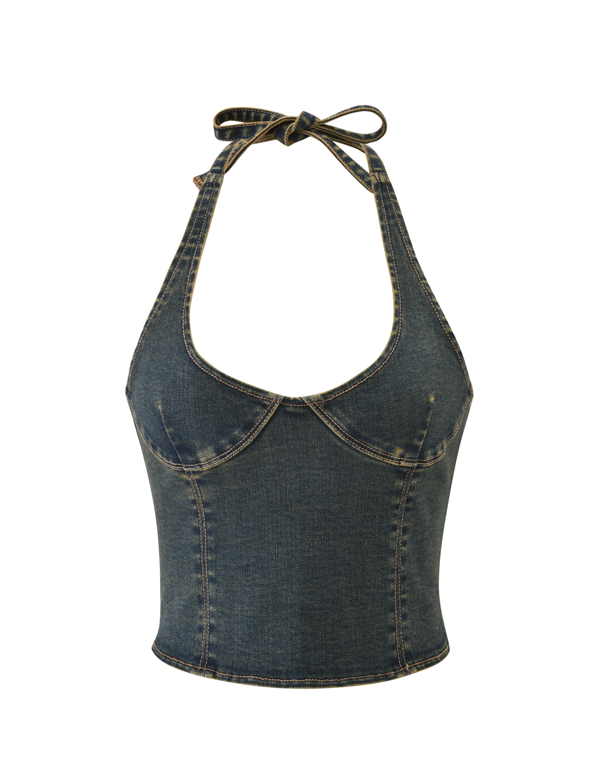 The TIGERMIST RIONA TOP - MIDWASH is a dark denim halter corset featuring a fitted bodice, structured seams, a sweetheart neckline, and neck tie, shown on a plain white background.