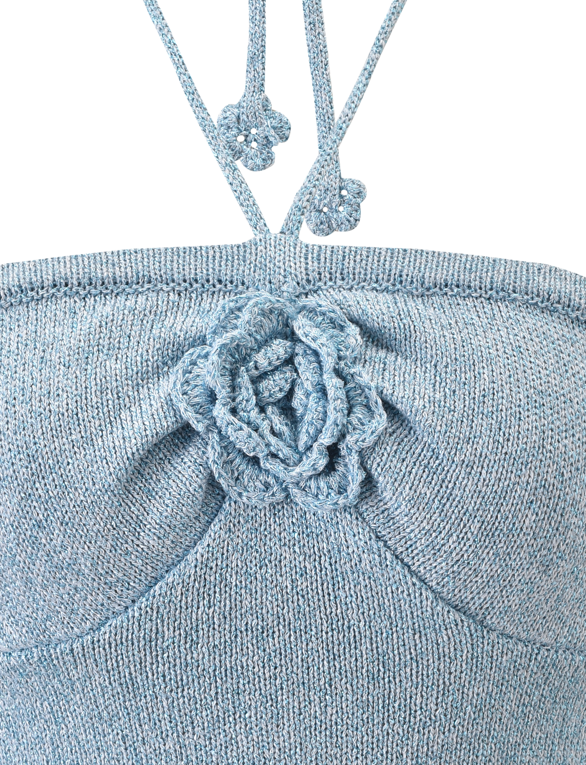 A close-up of the SUNIA TOP - BLUE by TIGERMIST, a baby blue bandeau featuring a delicate crocheted rose appliqué.