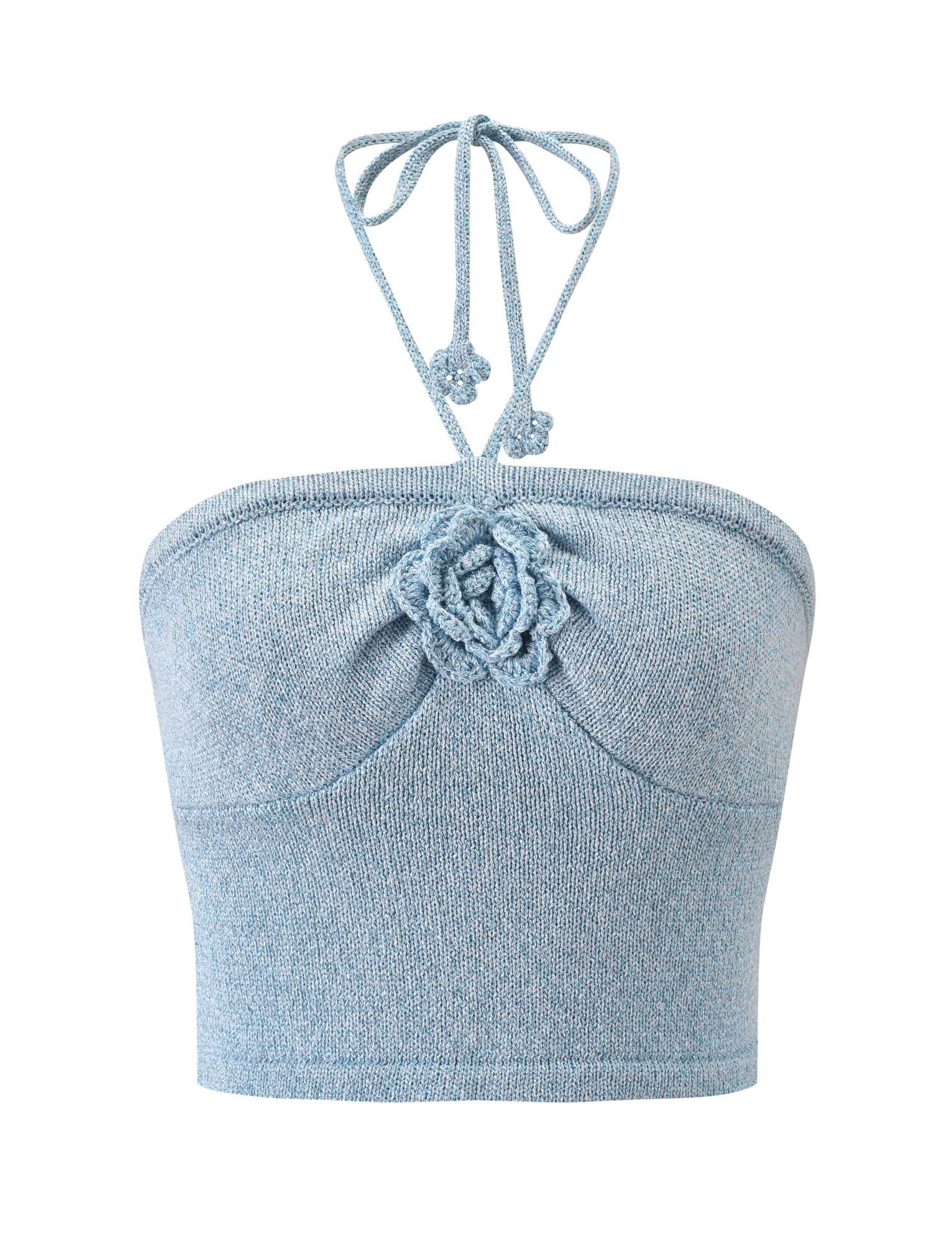 The SUNIA TOP - BLUE by TIGERMIST is a baby blue bandeau with a crocheted rose appliqué, perfect for adding charm to any outfit.