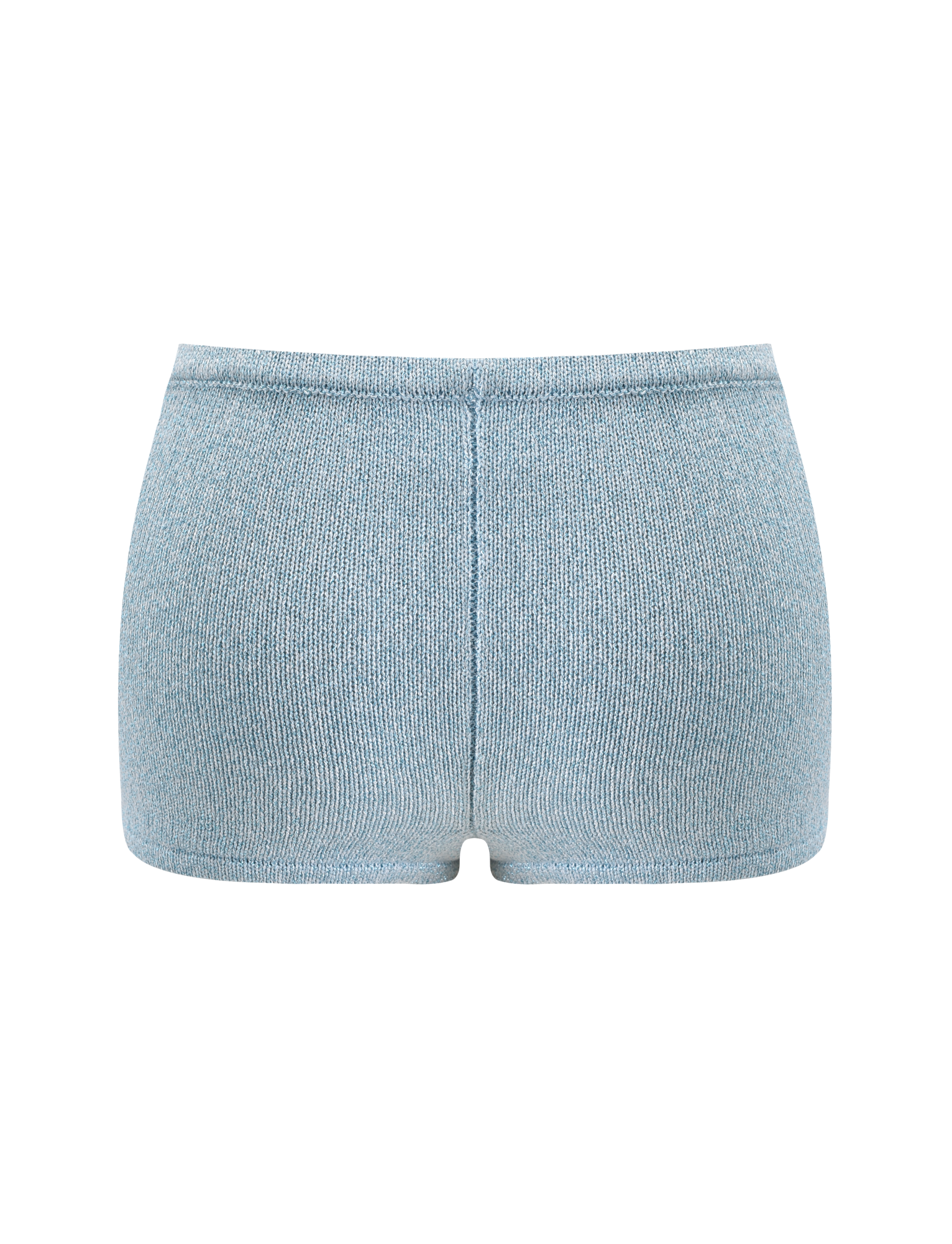 The SUNIA SHORT - BLUE by TIGERMIST is a pair of light blue ultra-mini hot shorts, shown from the back against a plain white background, featuring a visible center seam and an elastic waistband.