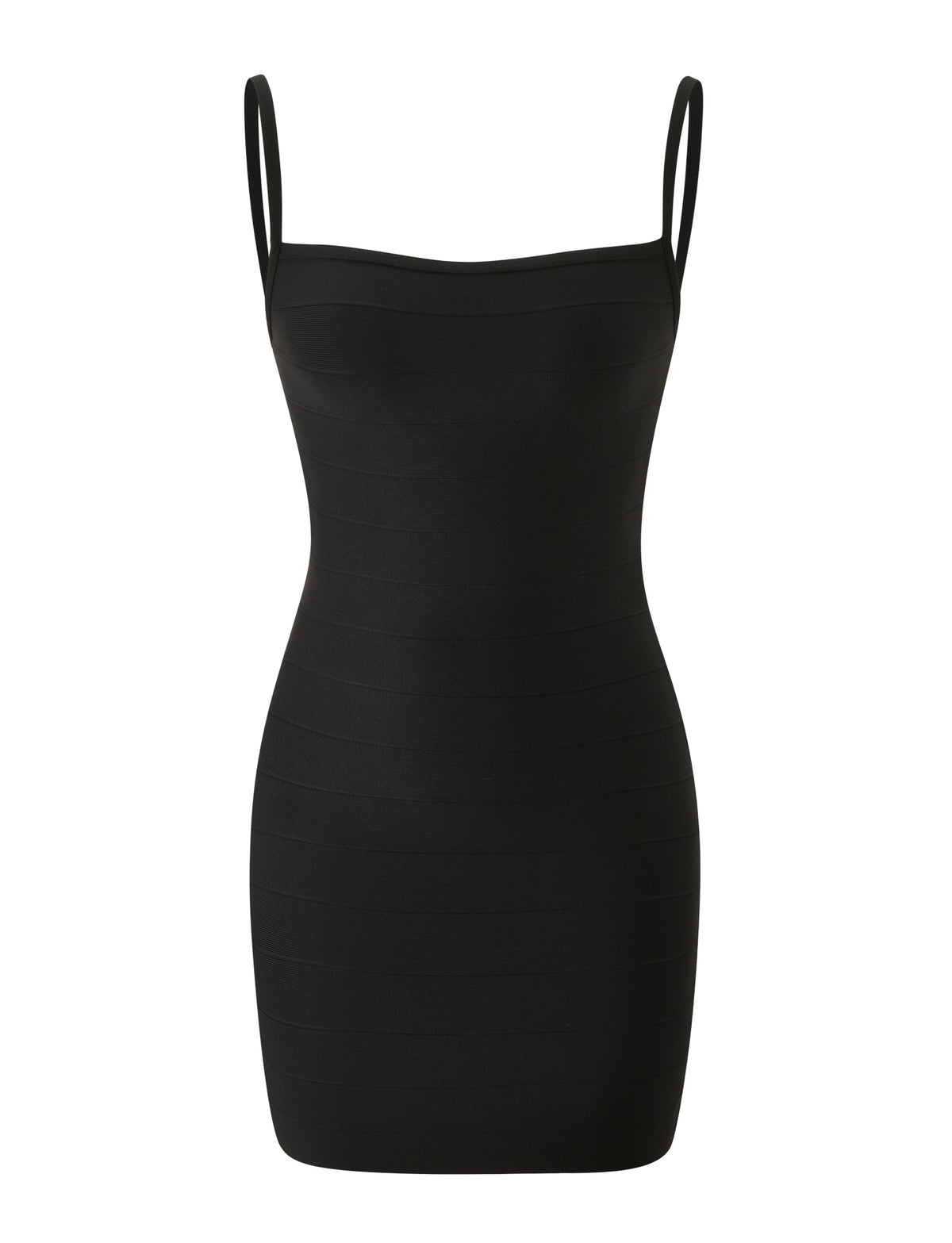 Black MIDORI BANDAGE MINI DRESS - BLACK, a bodycon mini dress with thin shoulder straps and a form-fitting, horizontal-banded design.