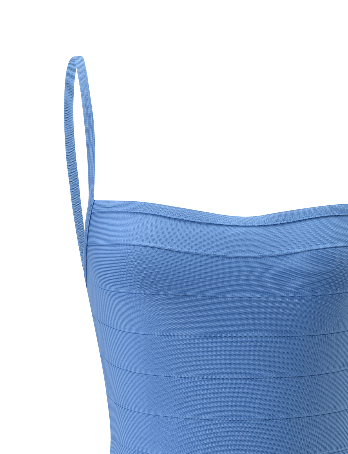 Close-up of the TIGERMIST MIDORI BANDAGE MINI DRESS in blue, featuring a sleeveless design with thin shoulder straps, horizontal ribbed texture, and a bodycon mini silhouette. Displayed against a plain white background, this dress highlights a sleek and modern style.