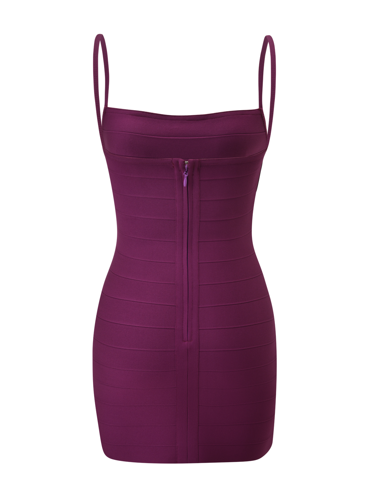 Introducing the MIDORI BANDAGE MINI DRESS - PLUM by TIGERMIST: a sleeveless, fitted bandage mini dress in a rich plum hue, featuring thin shoulder straps and a prominent front zipper running vertically down the center for a modern, sophisticated look.