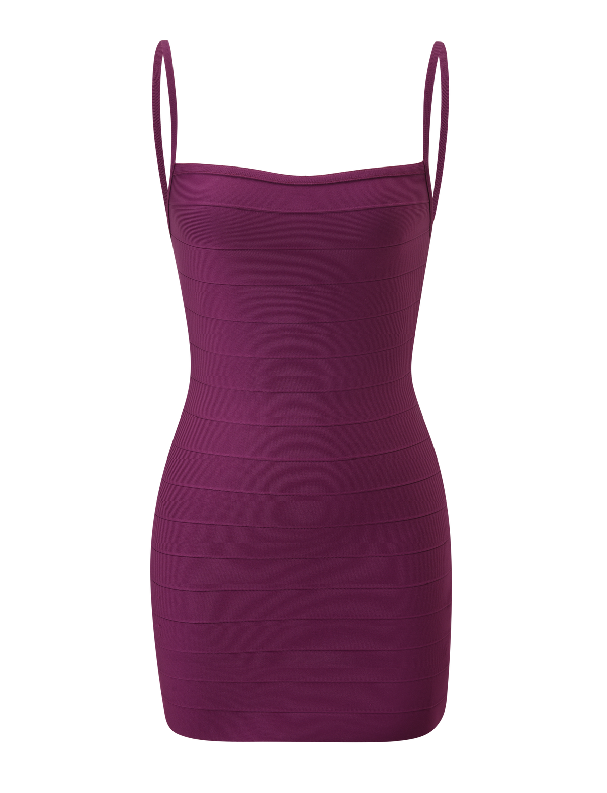 The MIDORI BANDAGE MINI DRESS - PLUM by TIGERMIST is a sleeveless, form-fitting bandage mini dress featuring thin spaghetti straps and a straight neckline in a rich plum shade, displayed on a white background. This stylish bodycon dress beautifully accentuates your silhouette for an effortlessly chic look.