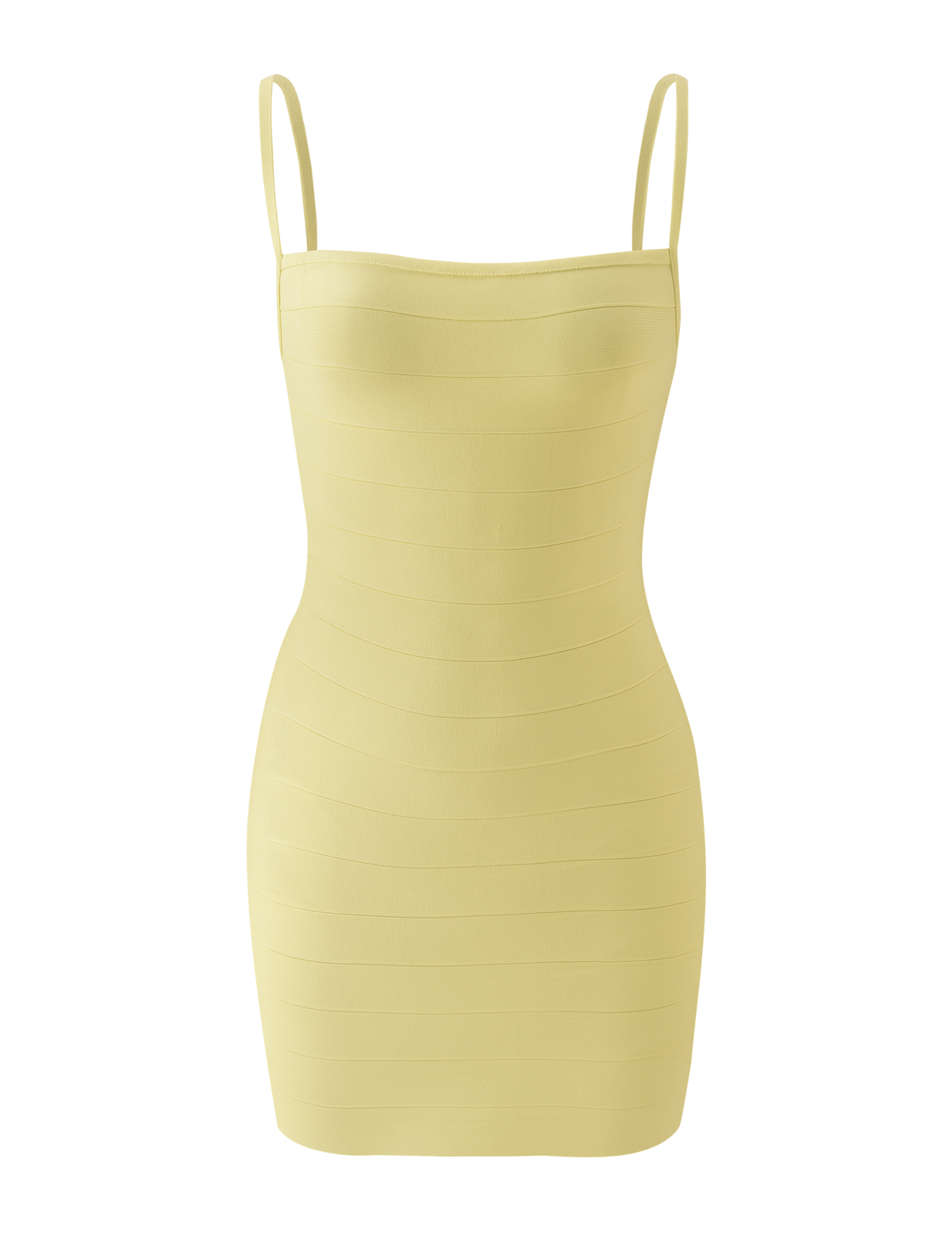 The TIGERMIST MIDORI BANDAGE MINI DRESS - YELLOW is a fitted, sleeveless bodycon mini dress in pale yellow, featuring thin spaghetti straps, a straight neckline, and horizontal panel detailing, displayed on a plain white background.