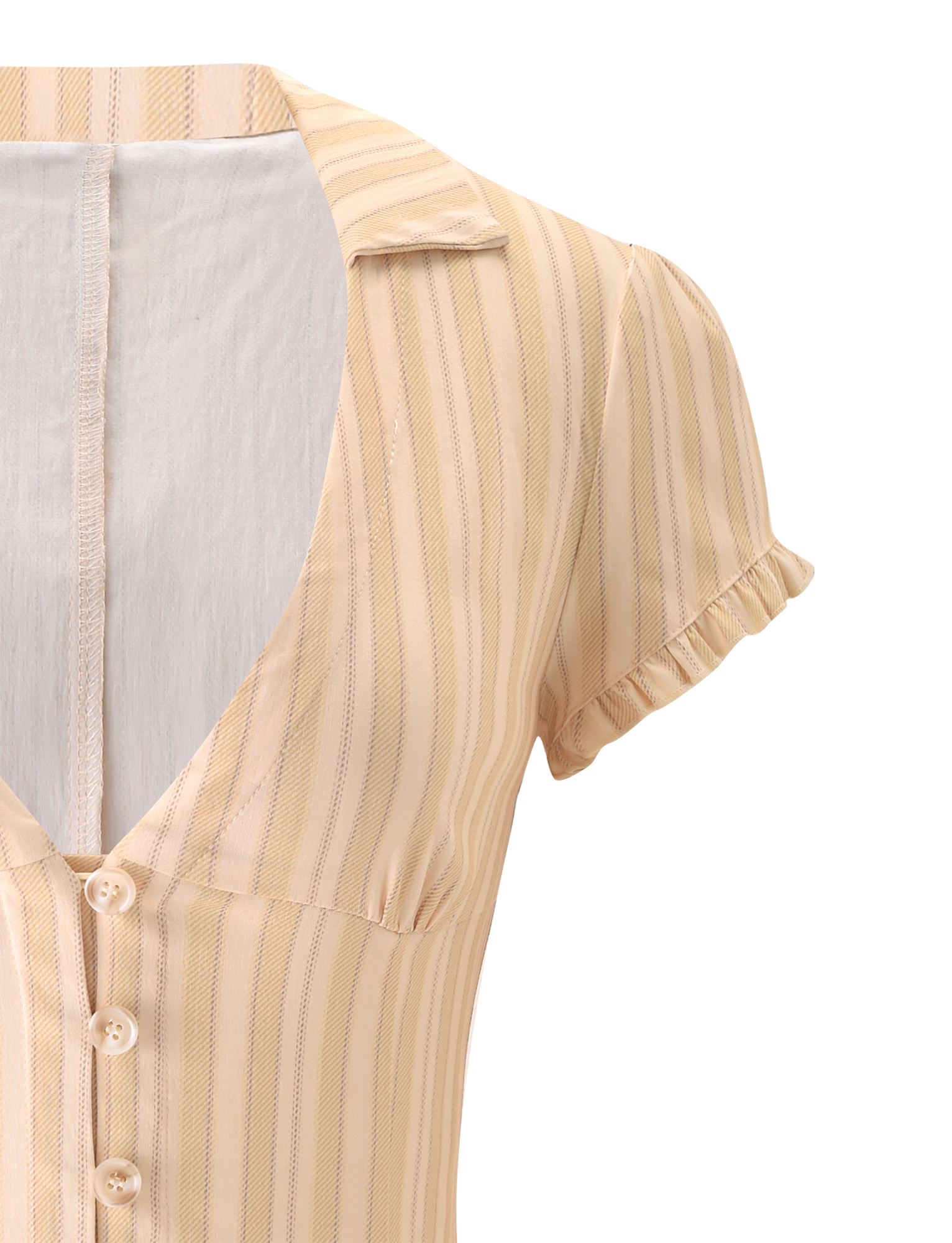 A close-up of the TIGERMIST KITTIE SHIRT in yellow stripes, featuring short sleeves, a plunging neckline, front buttons, and ruffled sleeve edges.