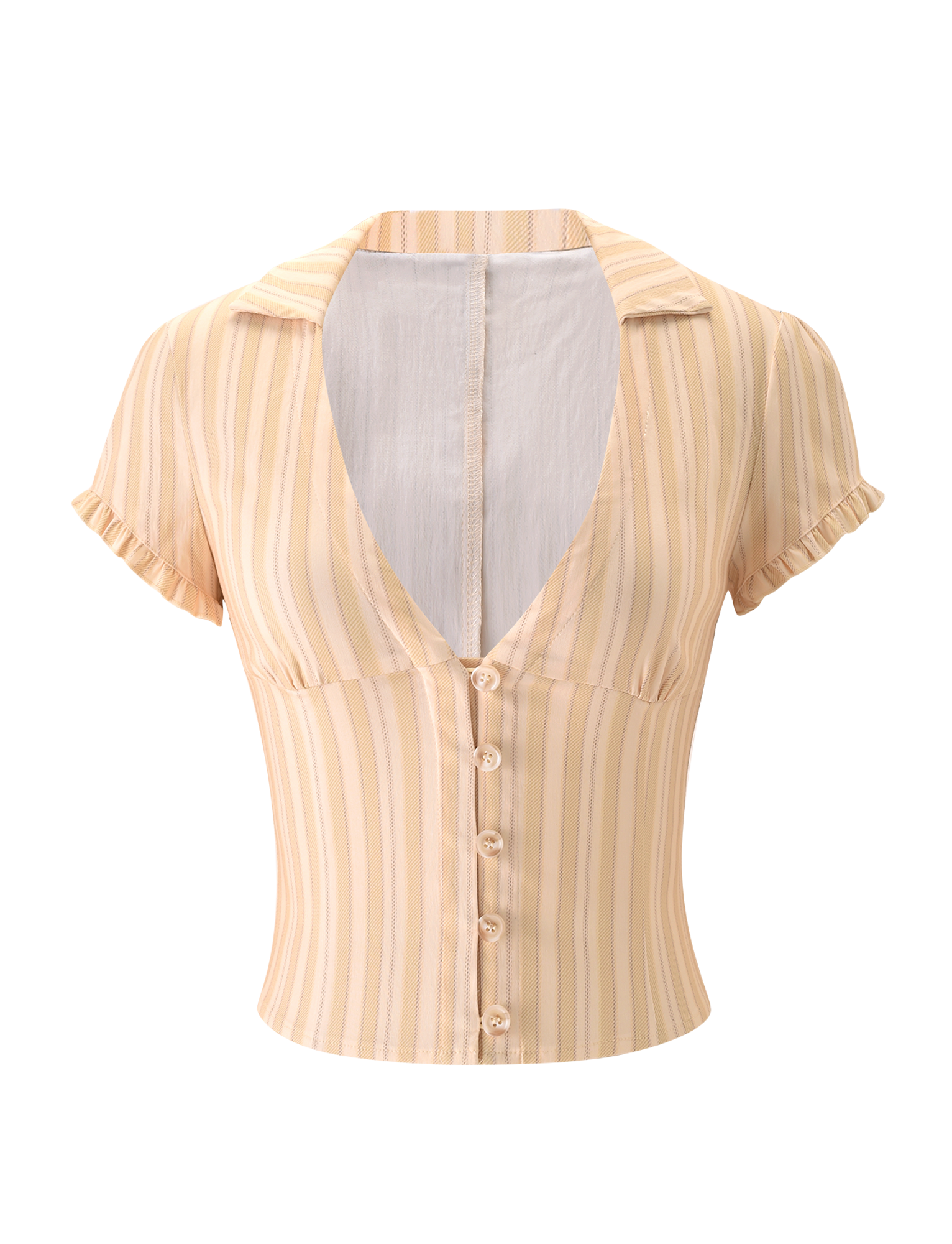 The KITTIE SHIRT - YELLOW STRIPE by TIGERMIST is a short-sleeved, cropped blouse with yellow and white stripes, stretch suiting fabric, a deep V-neckline, button-down front, small collar, and ruffled sleeve edges.