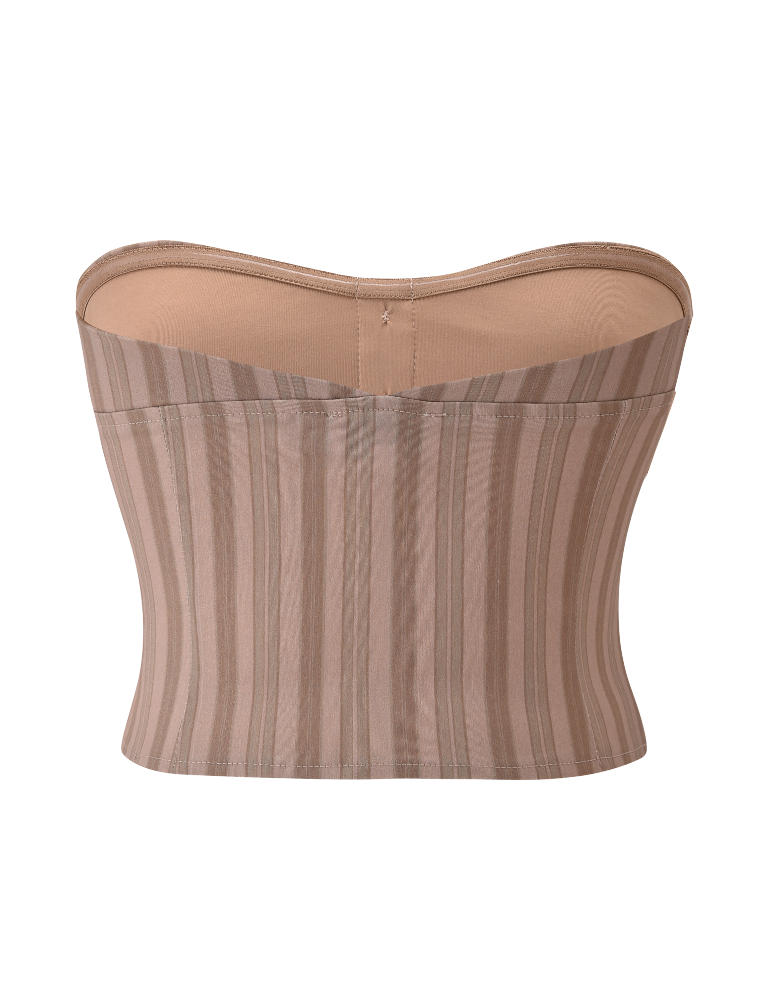 The TIGERMIST KITTIE STRAPLESS CORSET - TAUPE STRIPE features a vertical stripe pattern, curved neckline, and stretch suiting fabric, shown on a plain white background.
