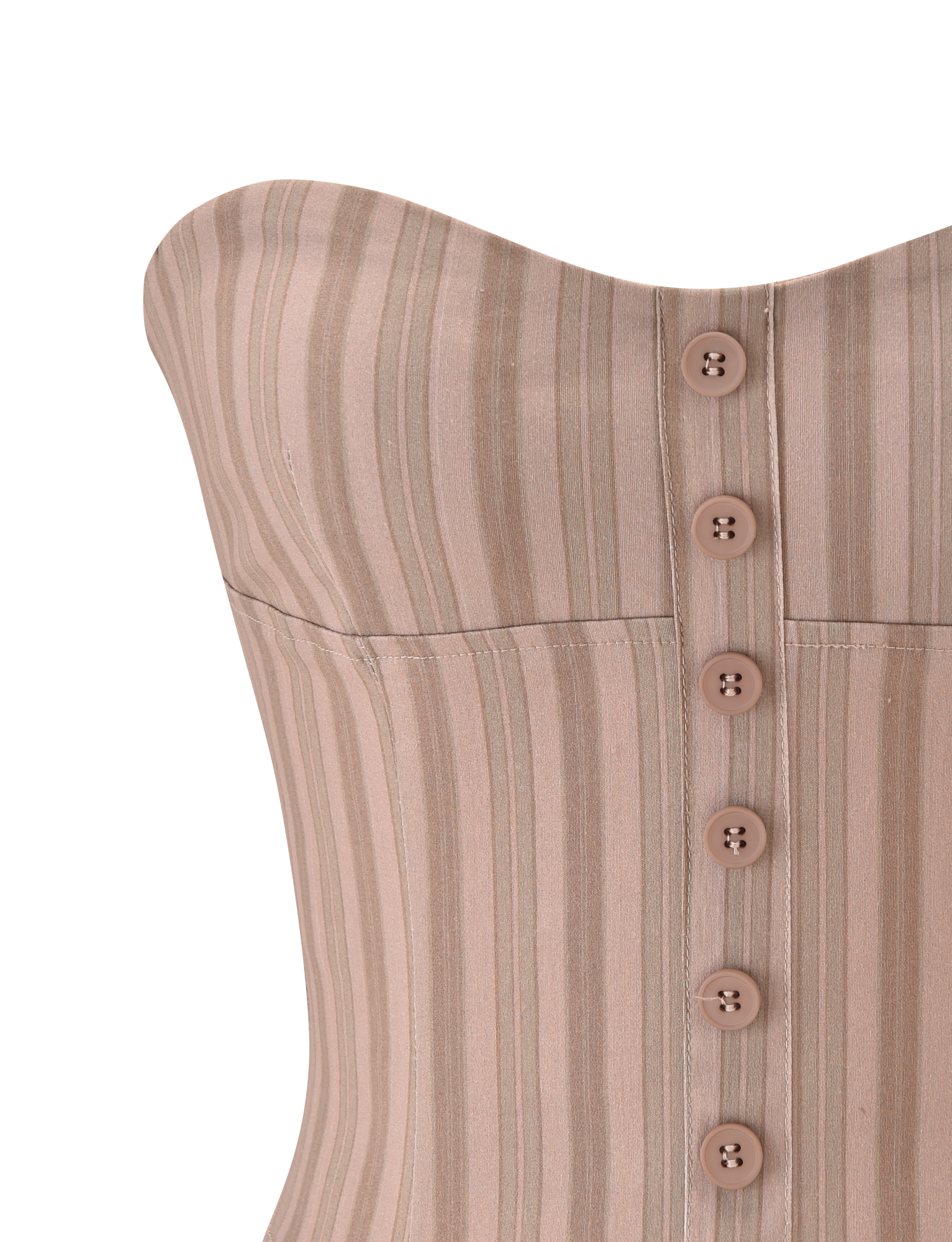 Close-up of the TIGERMIST KITTIE STRAPLESS CORSET in taupe stripe, made from stretch suiting fabric with vertical stripes and six matching buttons down the front.